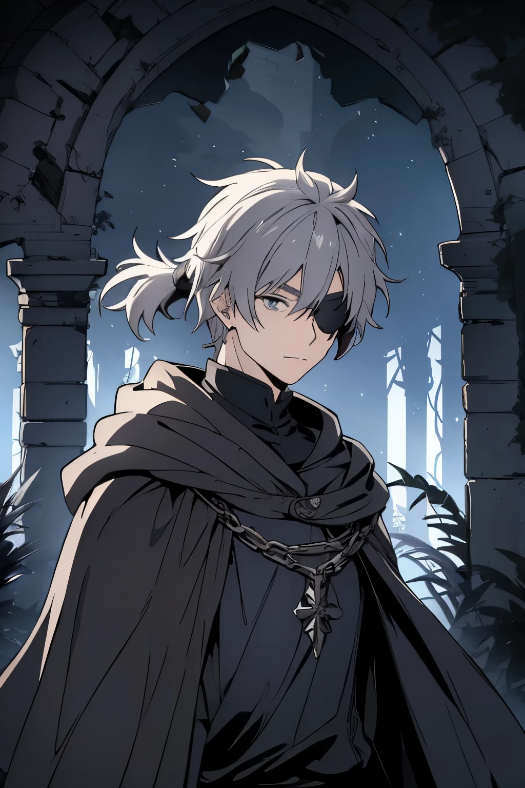 Anime character, a man, medieval era. Young man, 20 years old, large body, cold expression, fierce gaze, short messy gray hair, ponytail, left eye patch, black clothes, black shirt, dark cape with hood, chains. front camera, half body. In the middle of the moonlight, wind blowing your hair, in the forest between a temple in ruins.