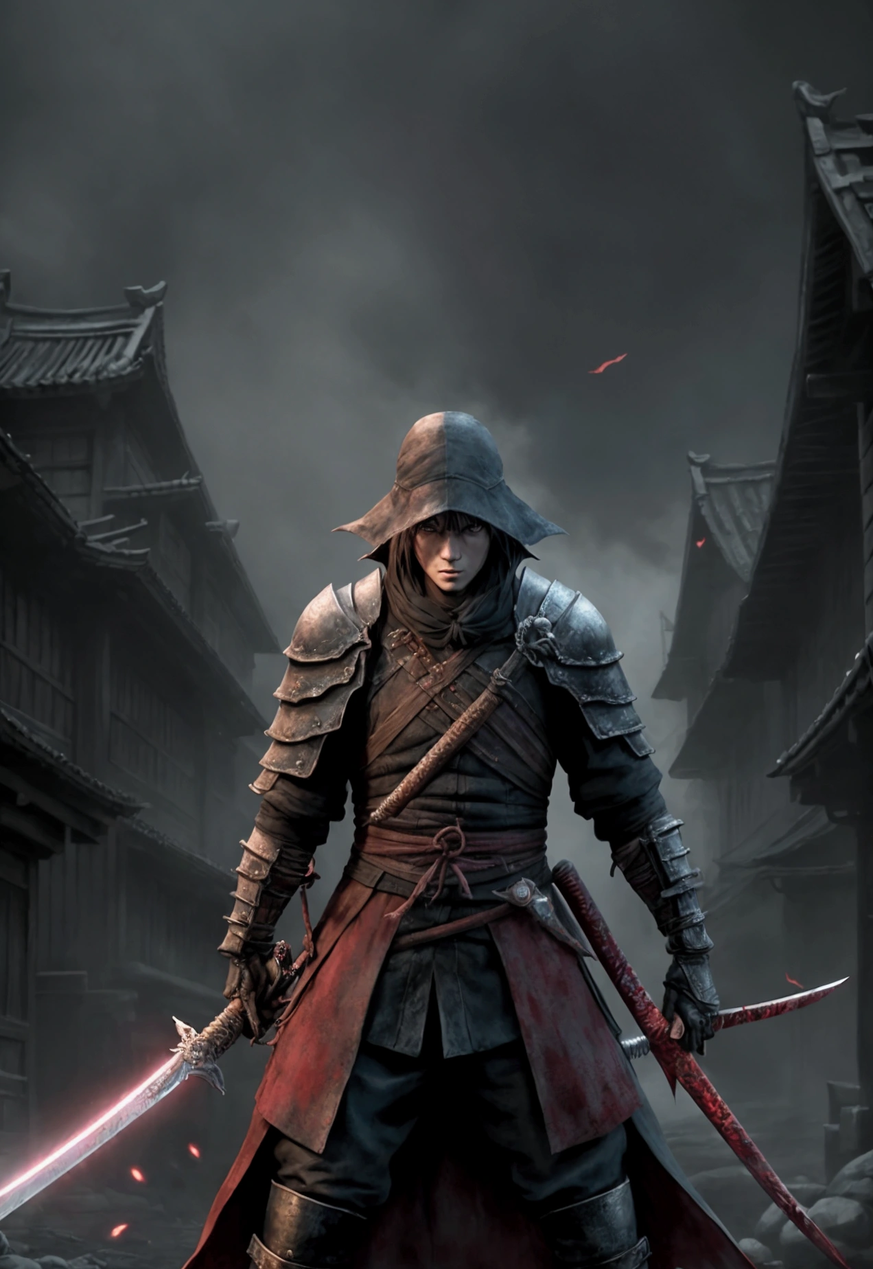 anime, a man with a sword in a dark city, badass anime 8 k, dark fantasy style art, by Tyler Jacobson, anime epic artwork, sekiro in bloodborne world, epic fantasy digital art style, tsutomu nihei art, from kenshin, warrior fighting in a dark scene, 4k fantasy art, berserk art style