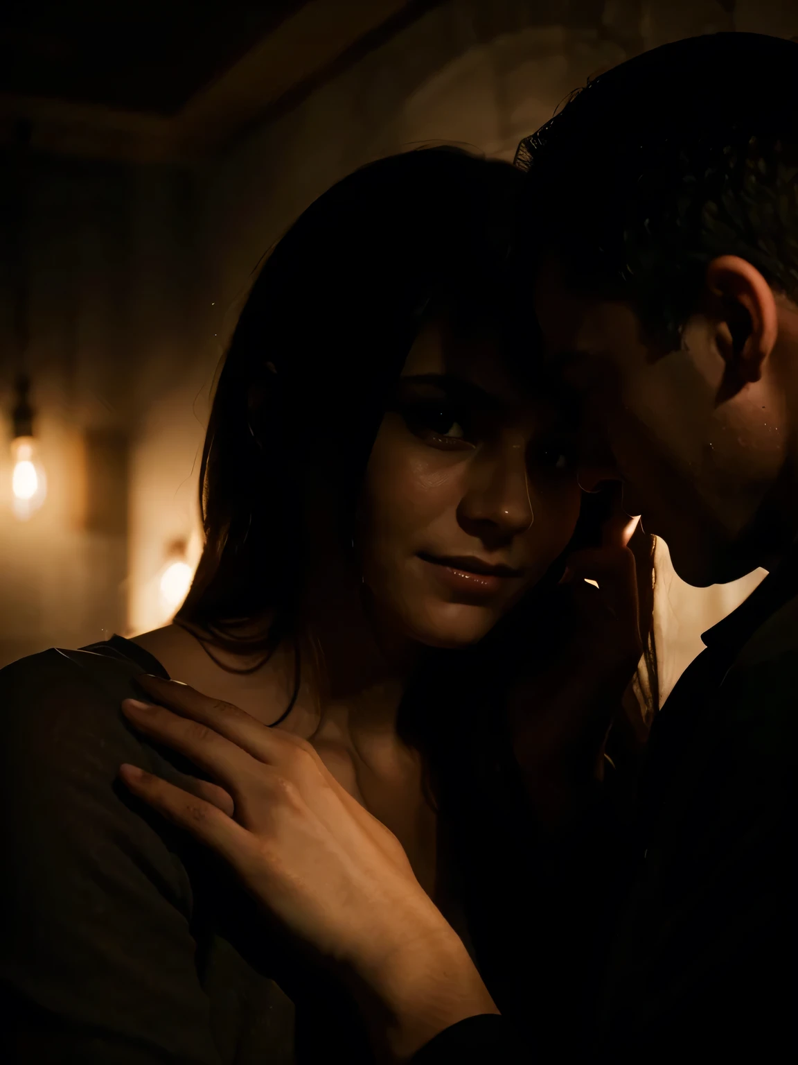 woman with her hand over her mouth telling a man a secret. Dark environment. Their faces are illuminated by soft, intimate lighting, revealing an expression of satisfaction and happiness. 4K resolution captures every detail, play of shadows and light on your skin, portrait.