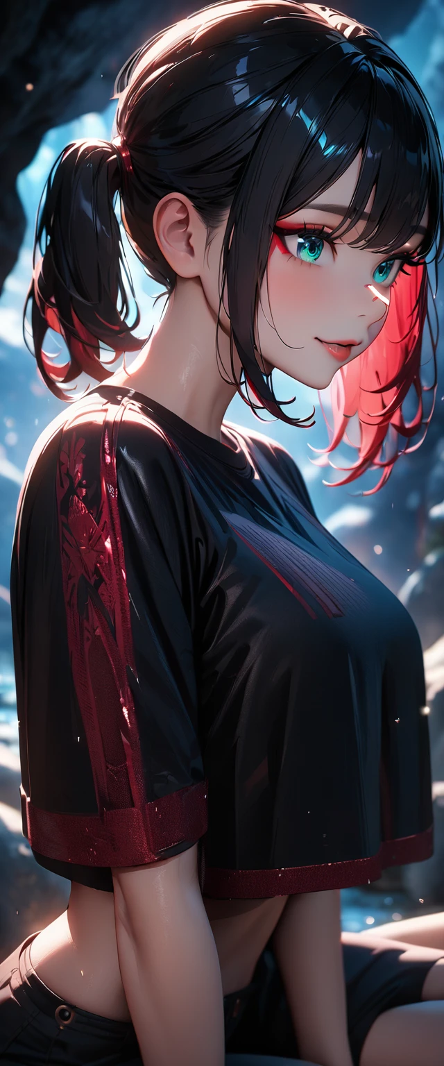 Photo of a girl with natural skin, ((Baby Face)), Smiling, ((Sitting, Leaning forward)), From the side, Round face, A girl wearing mainly black and red, Medium Hair, ((Upper Body)), Beach cave, The light is shining in, High Twintails, Black hair with red mesh, Sharp eyes with red eyeshadow, Blue-green eyes, Shining eyes, A thin, upturned nose, Well-shaped lips, ((crop top overhang, Short sleeve, Black clothes, Glamour body)), Makeup, Exquisitely crafted with the utmost attention to detail, Vibrant, amazing, Smooth, Cinematic, 4K, Backlight, (()), Shallow depth of field, ((Detailed eyes:1.3, Detailed lips:1.3, high quality, )), masterpiece, Super detailed images, High quality