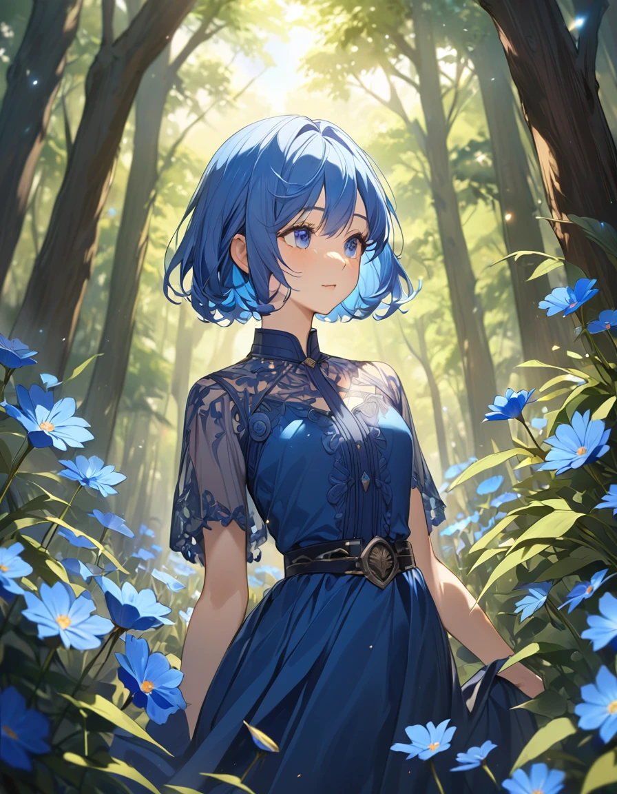 Outdoor、in the forest、((midnight、Starry Sky、湖のほとりに立つBlue Hairの美少女))、A field of blue flowers、Fantasy、(Highest qualityのイラスト:1.2), Perfect detail、 (pretty girl:1.1), (1 girl、、Highest qualityのイラスト:1.2), (1 girl、Kind eyes)、Blue Hair、Short Bob Hair、(Highest quality、Very detailed、Very detailed and beautiful、Ultra-high resolution) 、Beautiful girl in a blue dress、Looking into the distance、