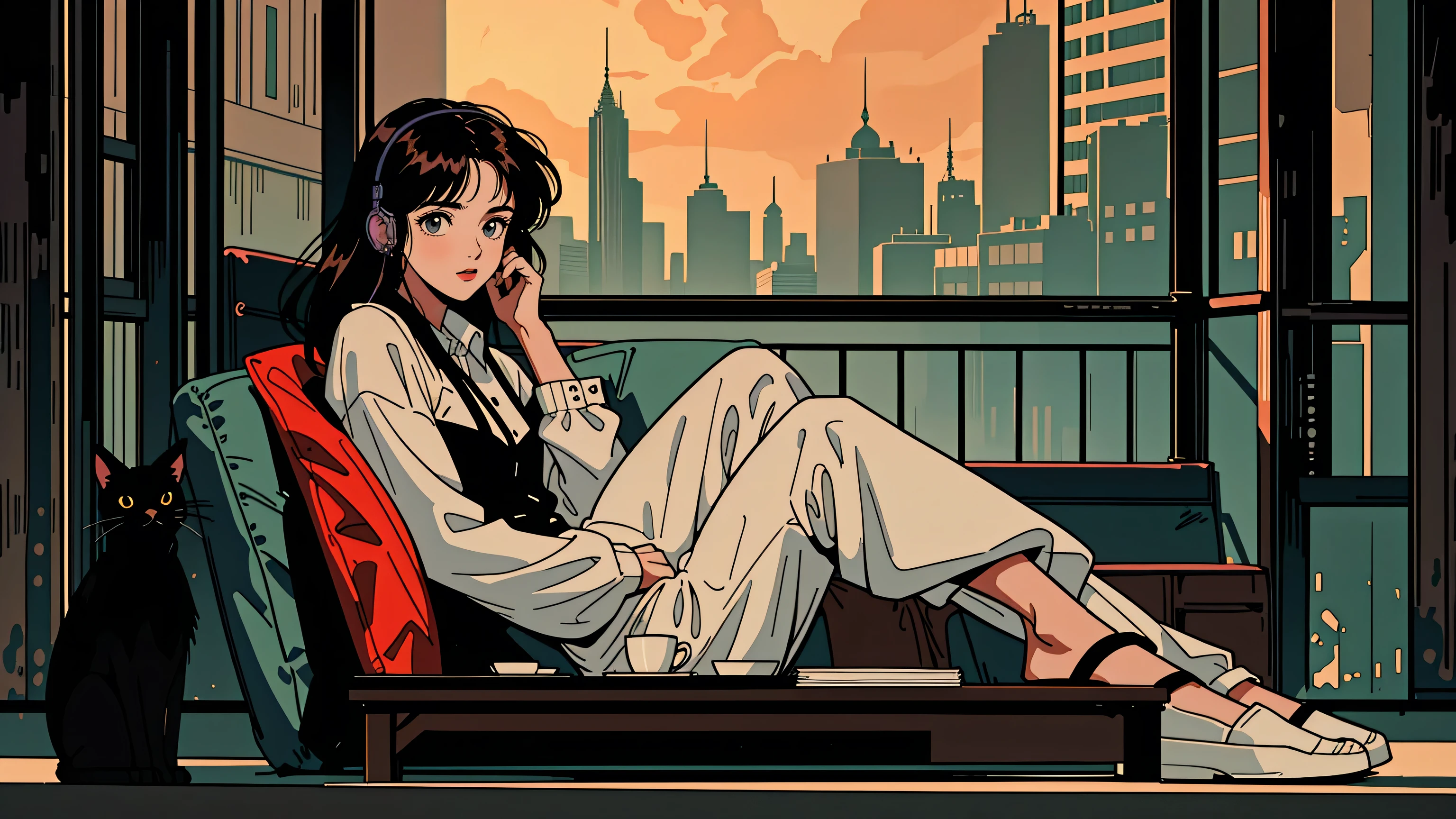 1girl, extremely detailed eyes and face, beautiful detailed lips, long dark hair, bright brown eyes, 90s style, 2010s hairstyle, cityscape, citylight, headphones, full body, relaxed coffee, table, snacks, looking at viewer, black cat
