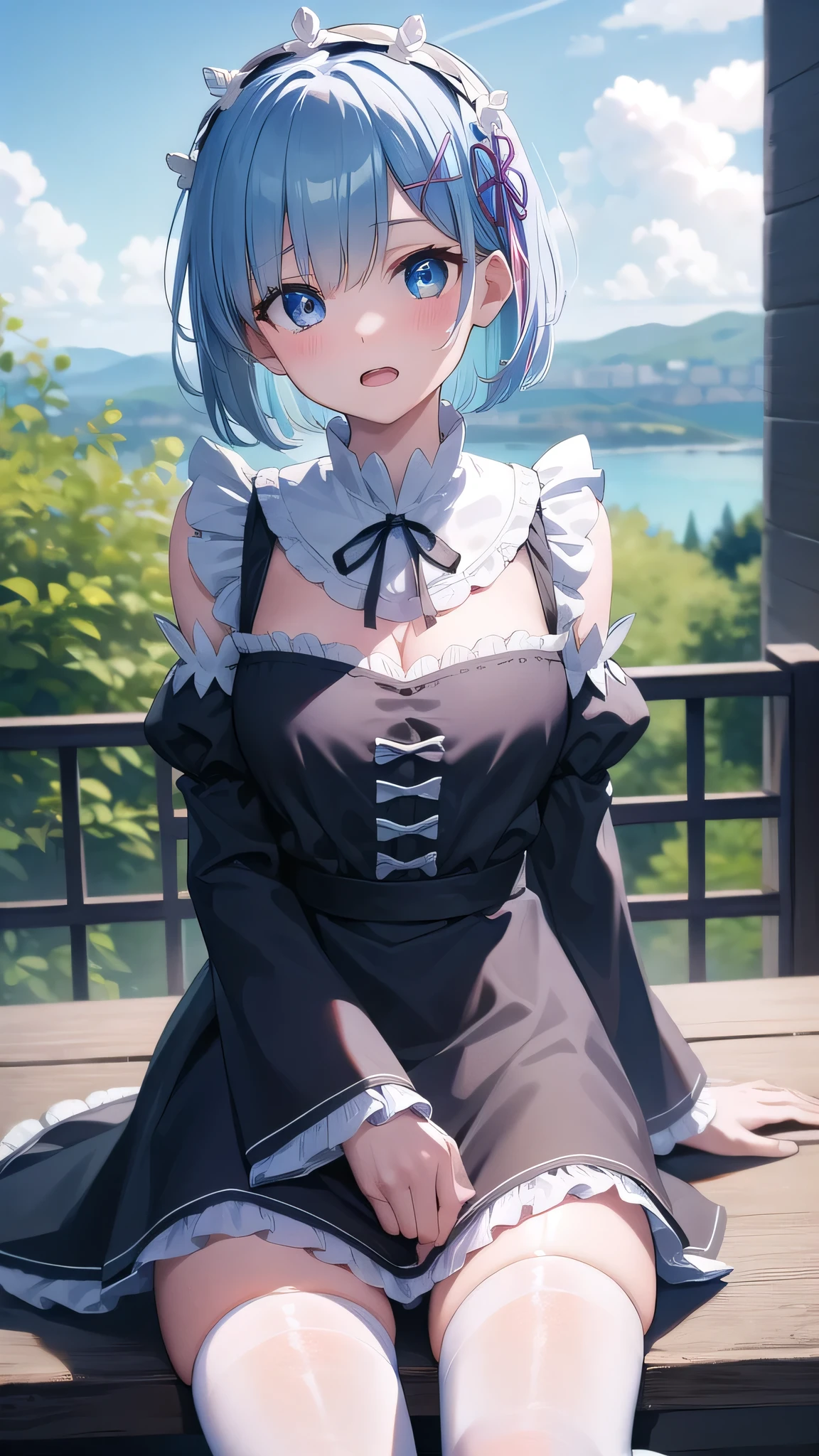 BREAK looking at viewer,BREAK (masterpiece:1.2), best quality, high resolution, unity 8k wallpaper, (illustration:0.8), (beautiful detailed eyes:1.6), extremely detailed face, perfect lighting, extremely detailed CG, (perfect hands, perfect anatomy),castle,tower,clouds,wet road,night,mist,rem, blue eyes, blue hair, hair ornament, hair over one eye, hair ribbon, short hair, x hair ornament
apron, black ribbon, black skirt, black sleeves, detached collar, detached sleeves, flower, frilled apron, frilled skirt, frills, head wreath, long sleeves, maid, miniskirt, neck ribbon, purple ribbon, ribbon, ribbon trim, ribbon-trimmed sleeves, roswaal mansion maid uniform, short hair, skirt, thighhighs, waist apron, white apron, white thighhighs,blue hair,upskirt,showing panties,lace panties,shy face,open mouth,sitting,spread legs,wide spread legs,from below