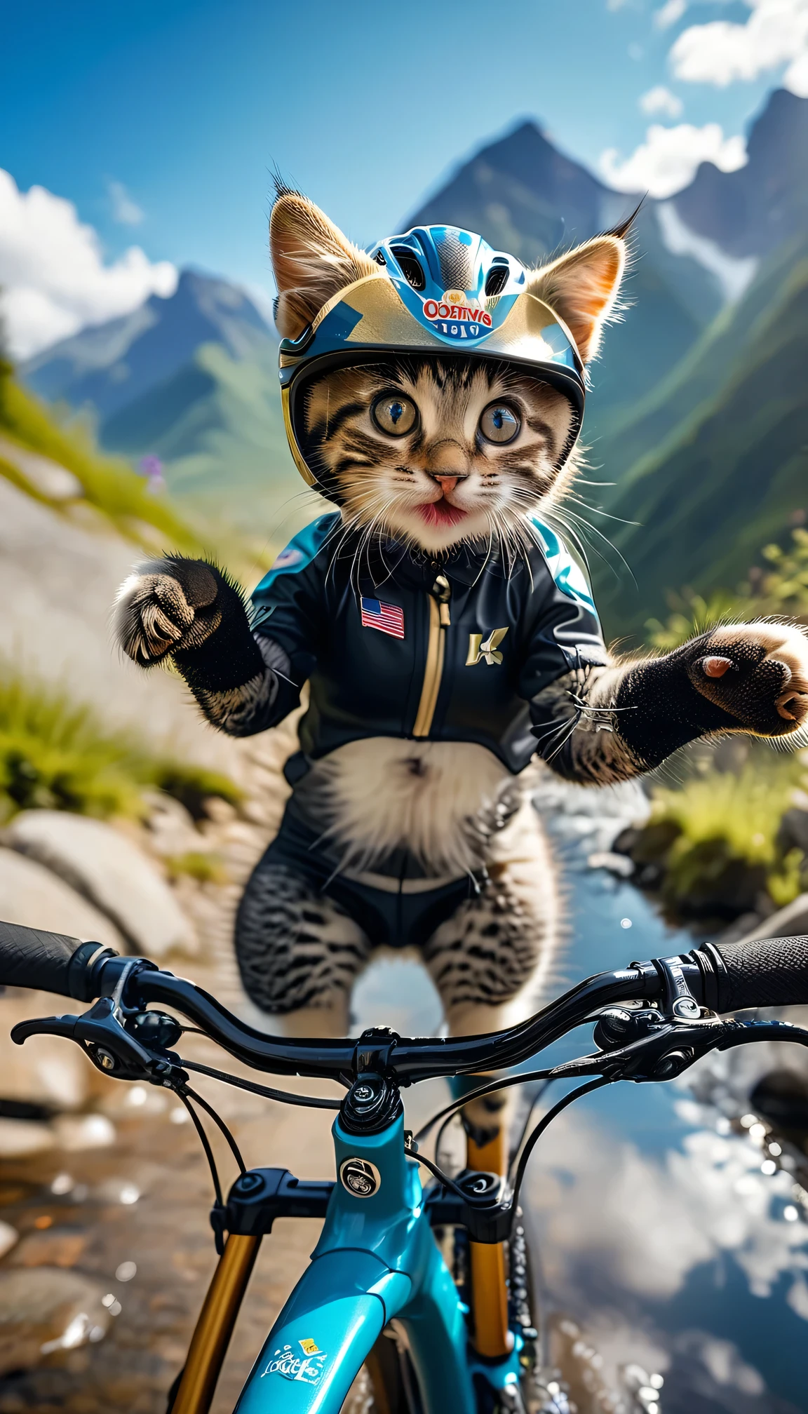 ((8k)), highest quality, 超High resolution, (High resolution), Olympic Cycling, Kitten riding a mountain bike, Mountain Bike Helmets, Wearing gloves, A kitten is wearing handball wear, Mountain bike trails, Loud cheers from the audience