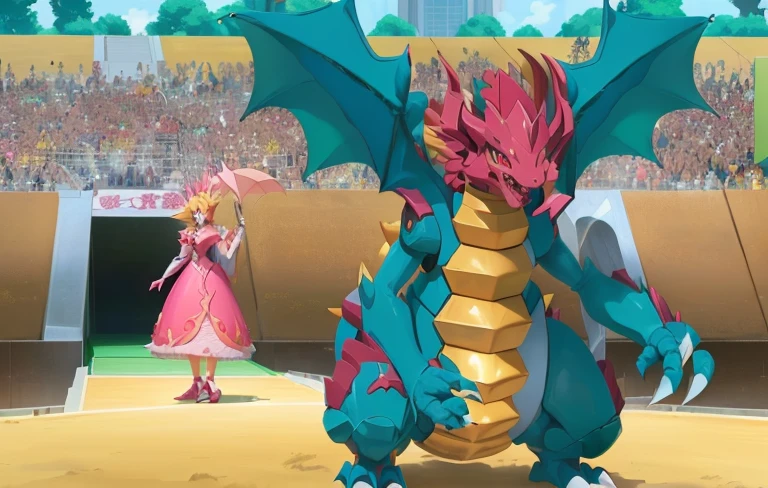 pokemon is standing in front of a crowd with a woman in a pink dress, slifer the sky dragon, colossal dragon in background, but as an anthropomorphic dragon, dragon in dragon lair, human and dragon fusion, glamorous angewoman digimon, dragon in the background, with scaly-looking armor, dra the dragon, pokemon anime style