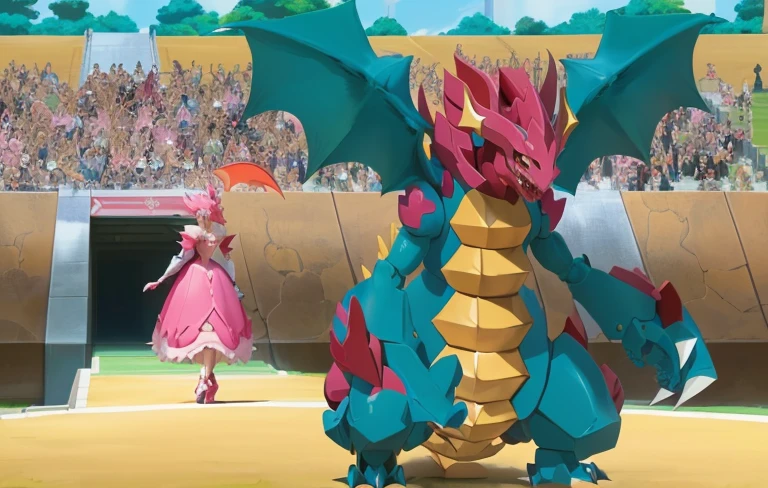 pokemon is standing in front of a crowd with a woman in a pink dress, slifer the sky dragon, colossal dragon in background, but as an anthropomorphic dragon, dragon in dragon lair, human and dragon fusion, glamorous angewoman digimon, dragon in the background, with scaly-looking armor, dra the dragon, pokemon anime style