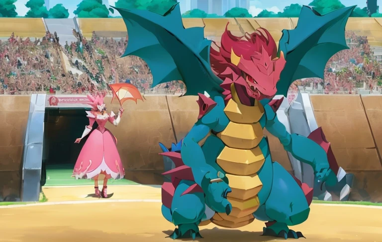 pokemon is standing in front of a crowd with a woman in a pink dress, slifer the sky dragon, colossal dragon in background, but as an anthropomorphic dragon, dragon in dragon lair, human and dragon fusion, glamorous angewoman digimon, dragon in the background, with scaly-looking armor, dra the dragon, pokemon anime style