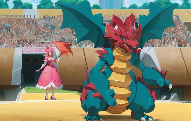 pokemon is standing in front of a crowd with a woman in a pink dress, slifer the sky dragon, colossal dragon in background, but as an anthropomorphic dragon, dragon in dragon lair, human and dragon fusion, glamorous angewoman digimon, dragon in the background, with scaly-looking armor, dra the dragon, pokemon anime style