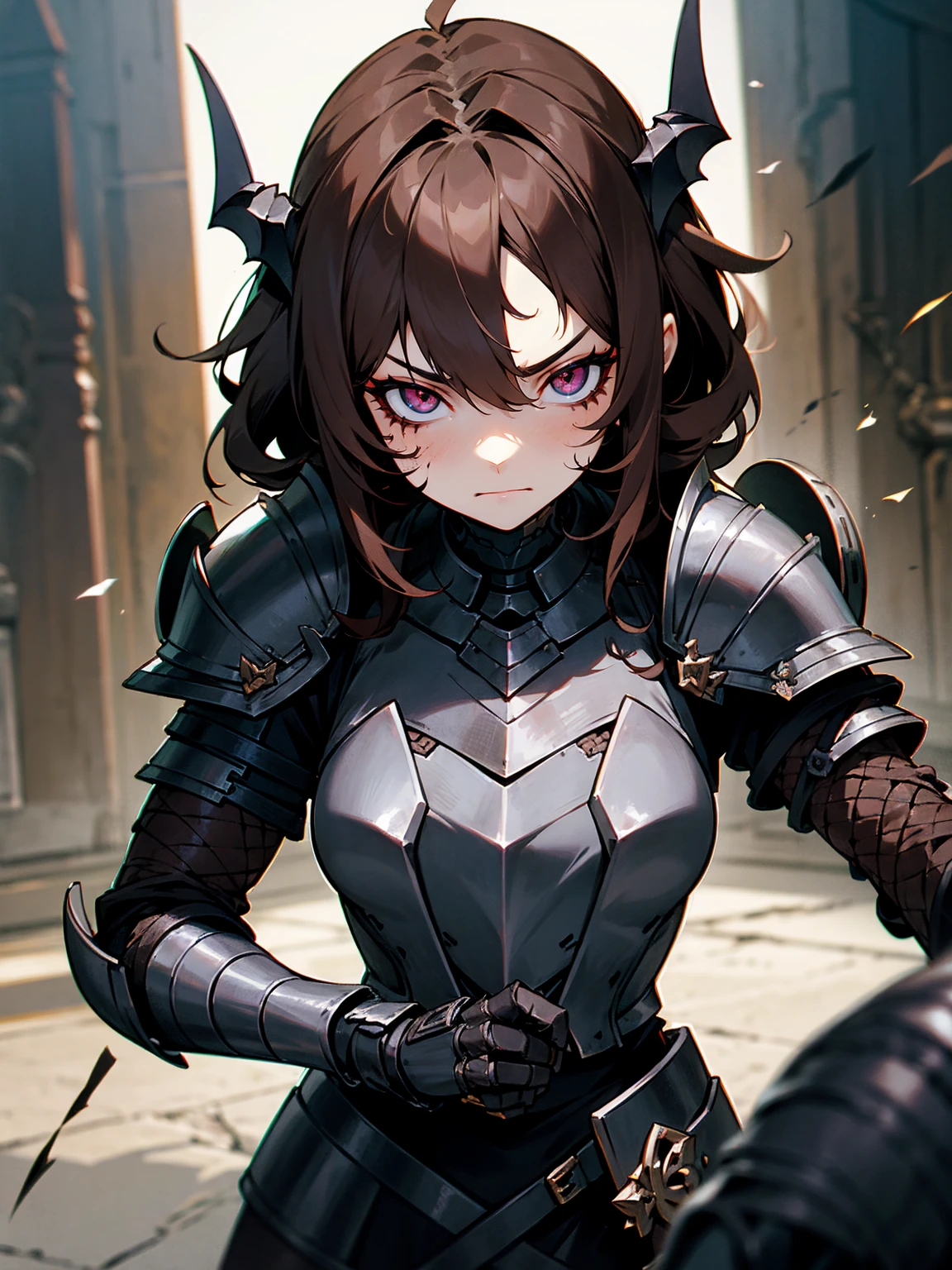 1female, brown hair, messy hair, stitches on arm, stitches on face, black sclera, black gauntlets, armor, evil expression, armored hall