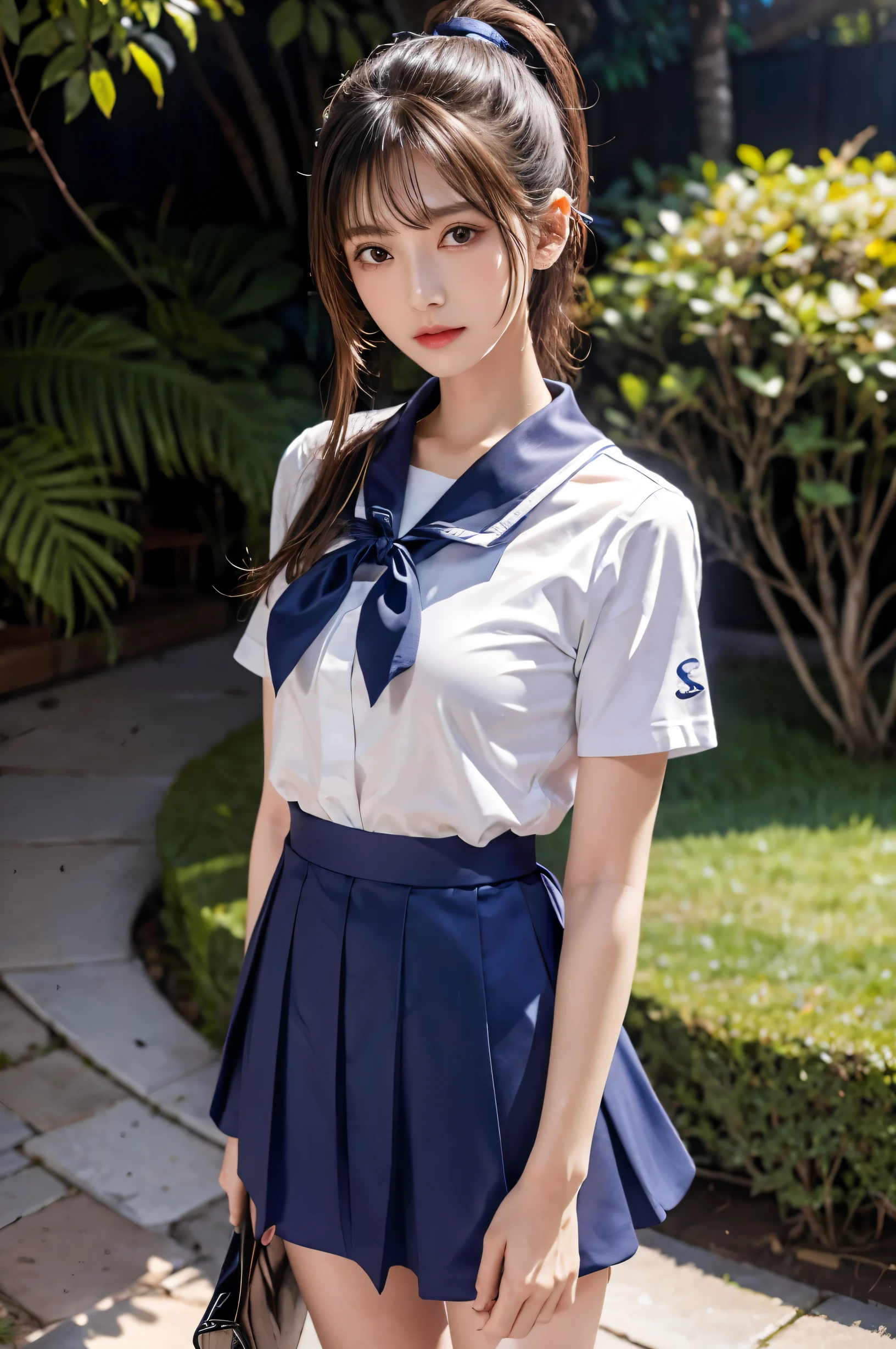 (Ultra HD), (Sailor suit, White short sleeve shirt, Navy blue mini skirt), Big Breasts, slender, whole body, Standing posture, (Clean and shiny skin, Whitening, No makeup), (Super slim face, Super beautiful face), (Light Blonde Ponytail, Layered Cut, Fluffy hair), (double eyelid, Slanted Eyes), Small Nose, Thin lips, Thin legs, Garden