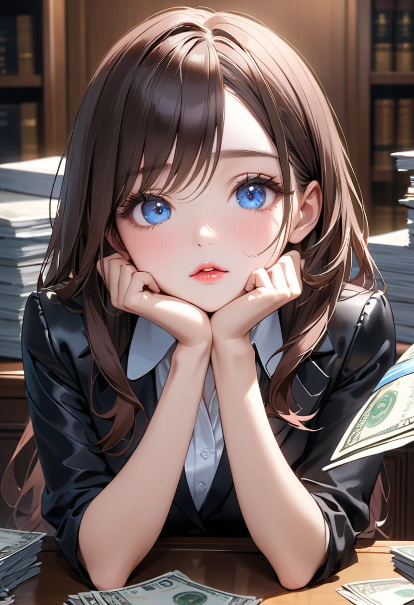 Highest quality, masterpiece, Ultra-high resolution, Realistic:1.2, RAW Photos, Intricate details, Portraiture, Big beautiful blue eyes:1.2, Perfect contours, Girl, break ((facing viewer, upturned eyes:1.2)), ((petite, short, tiny girl:1.2)), Brown Hair、Long Hair, (makeup:1.2, parted mouth, full lips:1.3, pink lips:1.2, shiny rips:1.2), ((Female lawyer:1.2)), (Luxury shiny black formal suit、Luxurious silk shirt:1.2, Luxury high heels), BREAK ((He is sitting at a very luxurious desk, resting his chin on his hands.、Black leather chair))、There are neat stacks of bills on the desk., (Crossing your legs)、((The background is a room in a law firm.))、