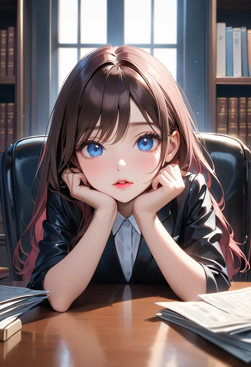 Highest quality, masterpiece, Ultra-high resolution, Realistic:1.2, RAW Photos, Intricate details, Portraiture, Big beautiful blue eyes:1.2, Perfect contours, Girl, break ((facing viewer, upturned eyes:1.2)), ((petite, short, tiny girl:1.2)), Brown Hair、Long Hair, (makeup:1.2, parted mouth, full lips:1.3, pink lips:1.2, shiny rips:1.2), ((Female lawyer:1.2)), (Luxury shiny black formal suit、Luxurious silk shirt:1.2, Luxury high heels), BREAK ((He is sitting at a very luxurious desk, resting his chin on his hands.、Black leather chair))、There are neat stacks of bills on the desk., (Crossing your legs)、((The background is a room in a law firm.))、