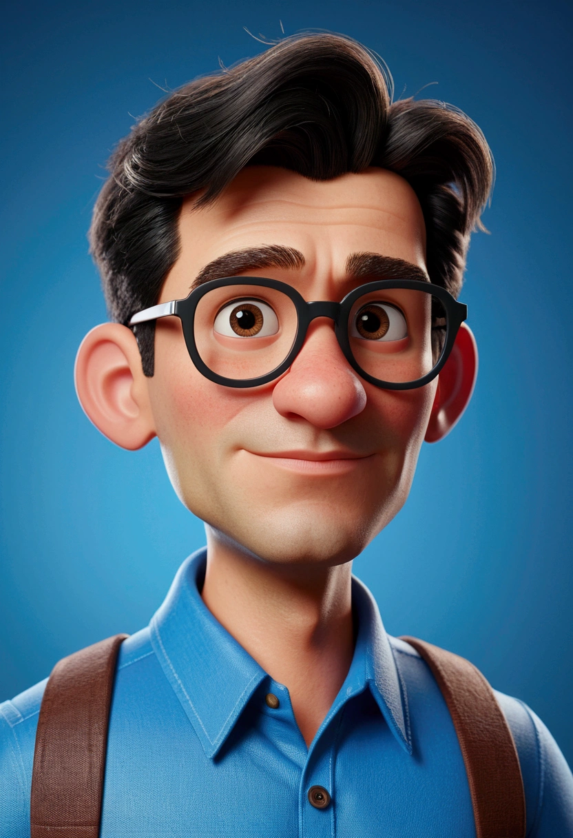 Cartoon character of a man in black glasses and blue shirt, animation character, stylized character, animation style rendering, 3d stylized, Arnold Maya rendering, Stylized 3D rendering, toon render screenshot, 3d character, 3d character, Stylized 3D rendering, 3D character rendering, cartoon character, Personagem de close up, character posing, (Pixar-style) (master part:1.2) (bokeh) (best qualityer) (skin detailed) (detailed texture) (8k) (Argilla) (cinematic lighting) (sharp focus