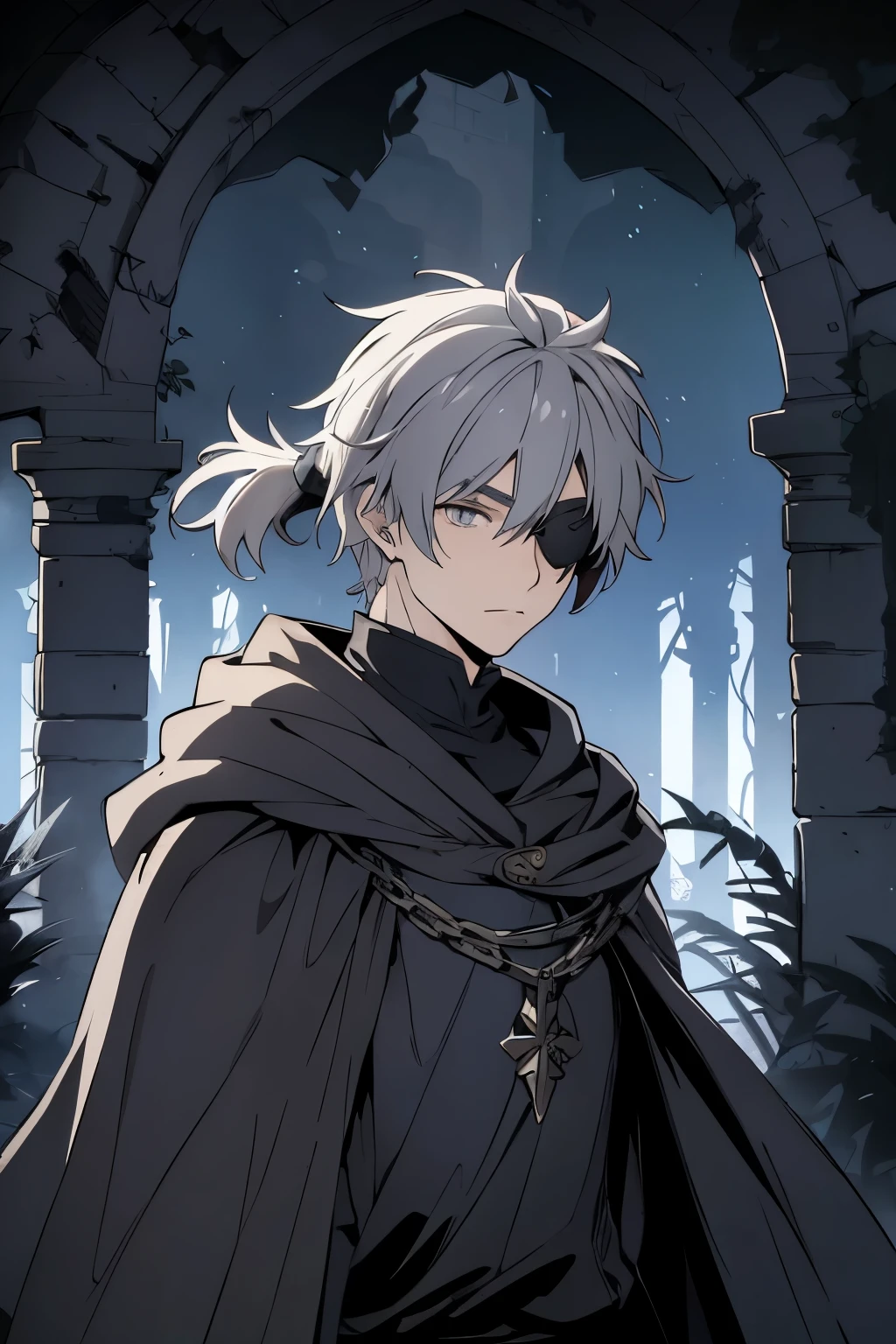 Anime character, a man, medieval era. Young man, 20 years old, large body, cold expression, fierce gaze, short messy gray hair, ponytail, left eye patch, black clothes, black shirt, dark cape with hood, chains. front camera, half body. In the middle of the moonlight, wind blowing your hair, in the forest between a temple in ruins.