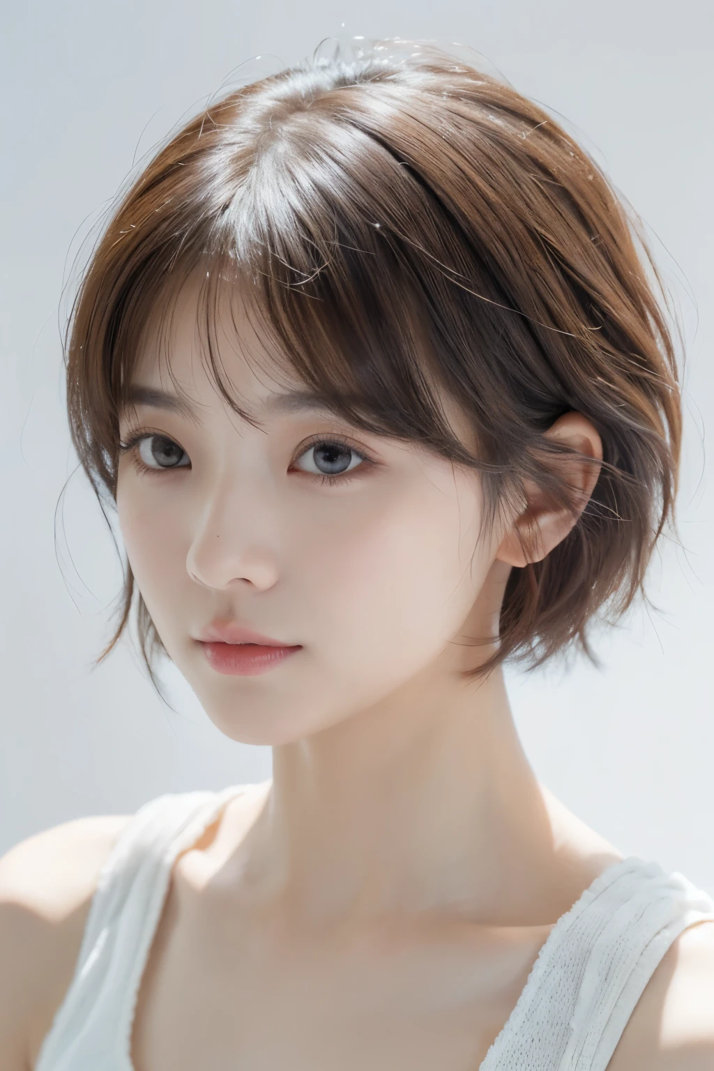 ((realistic lighting, white background,best quality, 8K, masterpiece:1.3)), sharp focus:1.2,realistic light,natural light,white background,top quality、8 thousand、32,000、masterpiece、UHD:1.2)、photo of korean woman,little beautiful girl, cute, Short hair, depth of field, high resolution, ultra detail, Highly detailed eyes and face,small eyes,Short hair