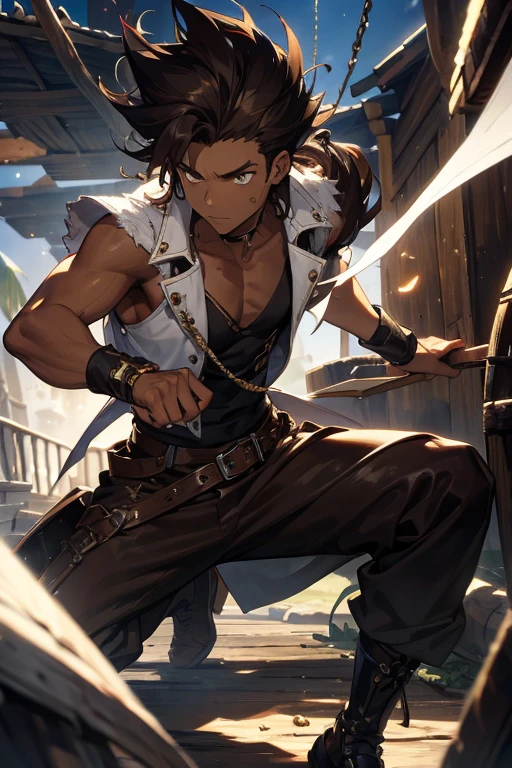 Long white spikey hair, dark brown-skinned young man, pirate 