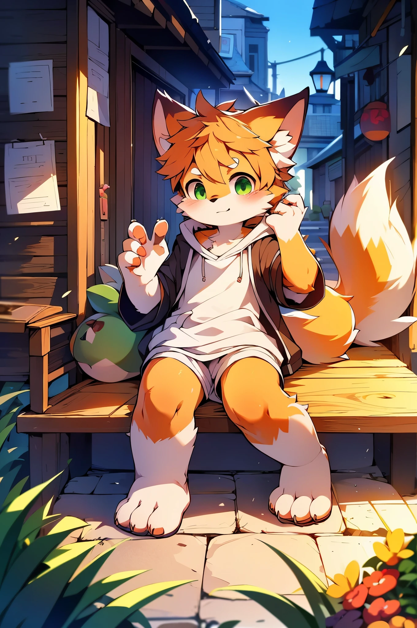 Furry,Fox,boy,8k resolution,最High resolution, High resolution,Wearing a hoodie,Green Eyes,summer,sit,Two legs,Five fingers on a hand,Five toes,tall,:tall stature,fit,medium,Standard,(Dagashi street: 1.1)Detailed background one person,Hairy,Super detailed:1.0,