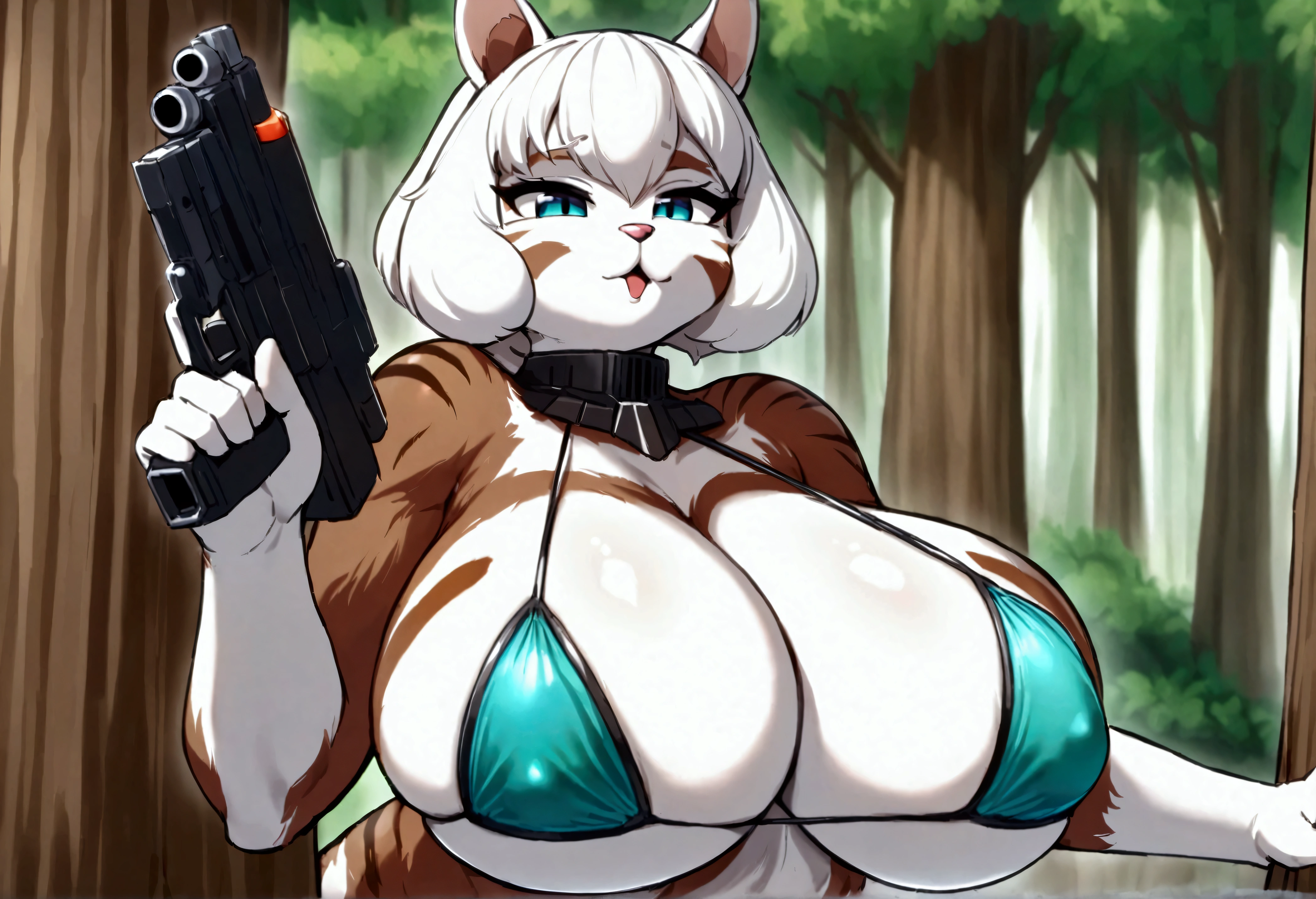 Star Wars, a chipmunk themed alien woman (sexy furry bikini, huge eyes, huge breasts, athletic, body fur, blaster pistol, cute) is sneaking up on an Imperial base. Forest