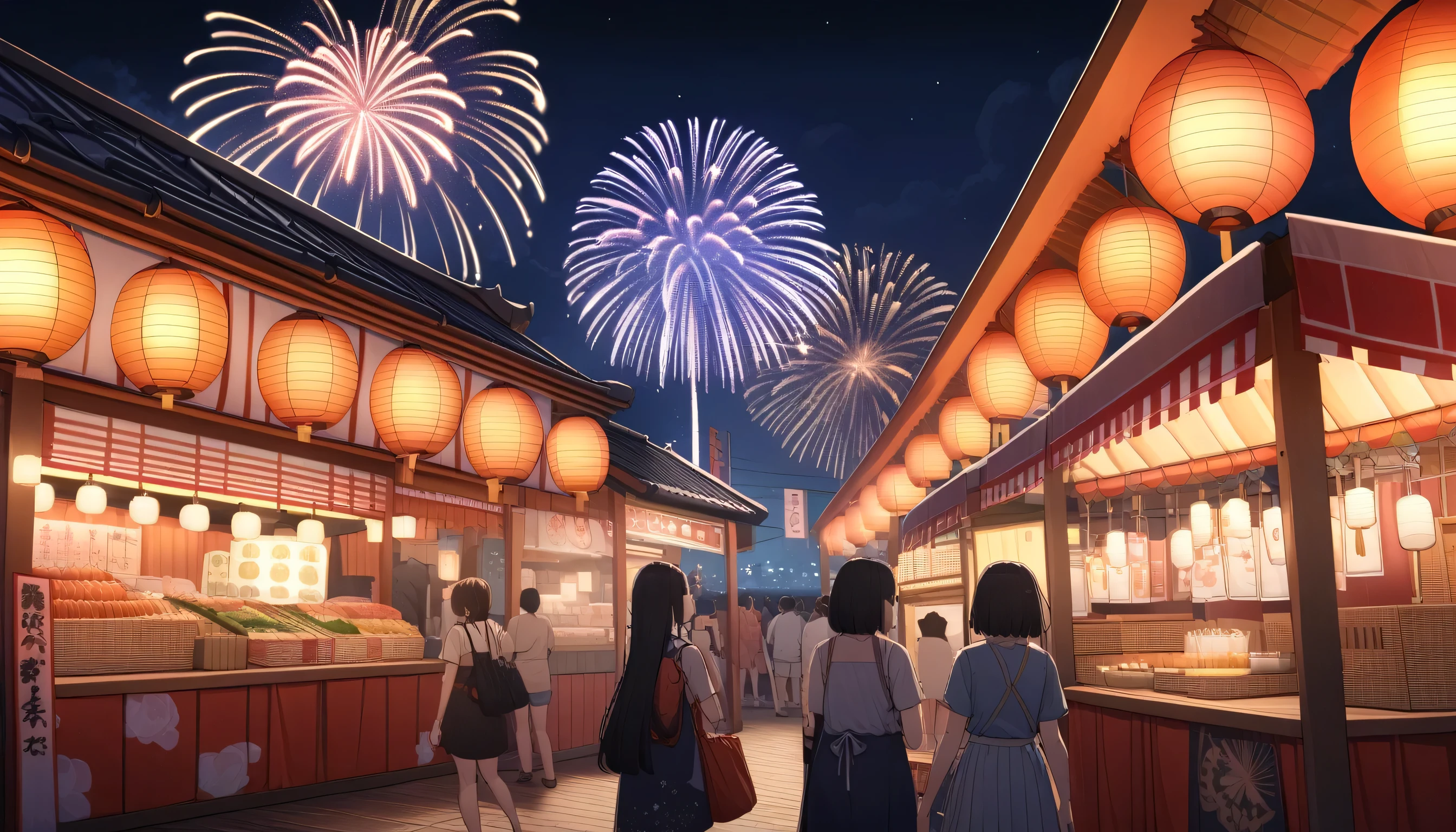 ultra-detailed, (professional lighting) hyper detailed, absurdres, 8k, night, summer, Japan festival stalls, I see fireworks,