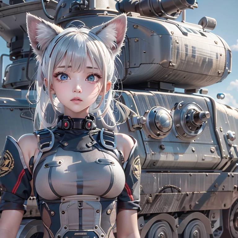 High resolution, Highest quality, Winner of numerous awards, Textured skin, ponytail, Silver Hair, chest, Cat ear, Odd Eye, One girl, Standing in front of a tank、uniform、Surrealism, バズーカー、3d