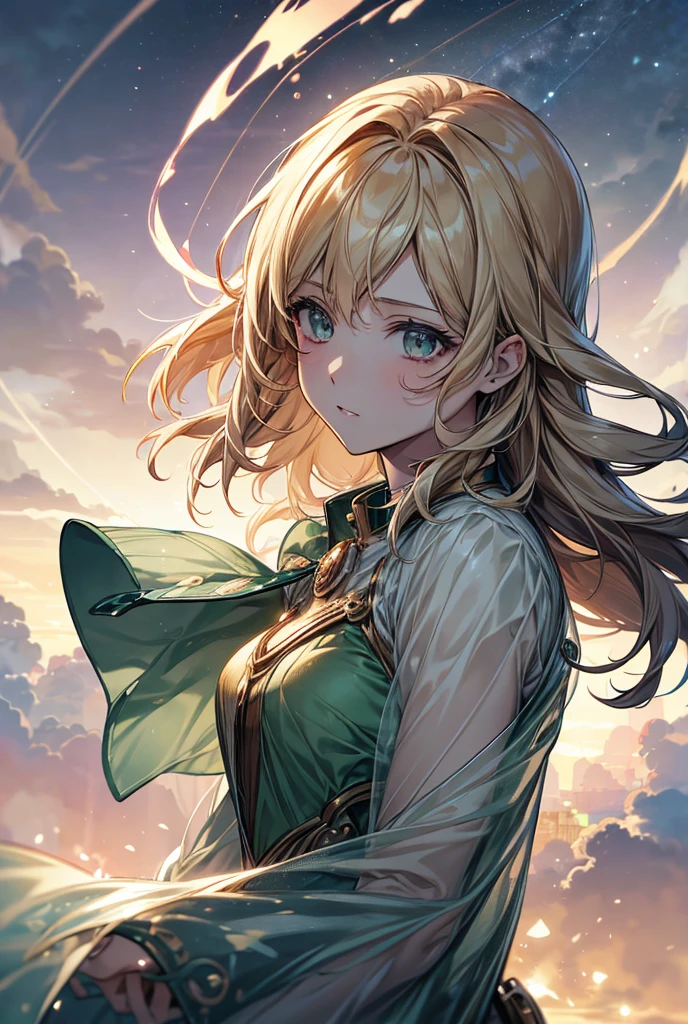 Surrealism, アニメ, glowing light, 8k, super detail, uhd, masterpiece, accurate, anatomically correct, textured skin, super detail, high details, high quality, award winning, best quality, highres, retina
Theme: Girl inspired by JupiterHair: Gold Personality: Appears strong yet has a gentle faceElement: LightningBackground: Freely flying among large clouds. Dressed in green.