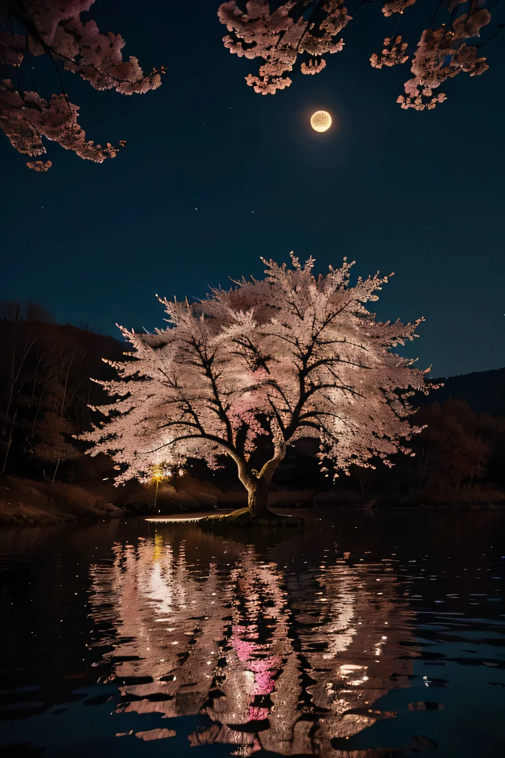 stary night, big full moon, cherry tree with pink leaves, lake