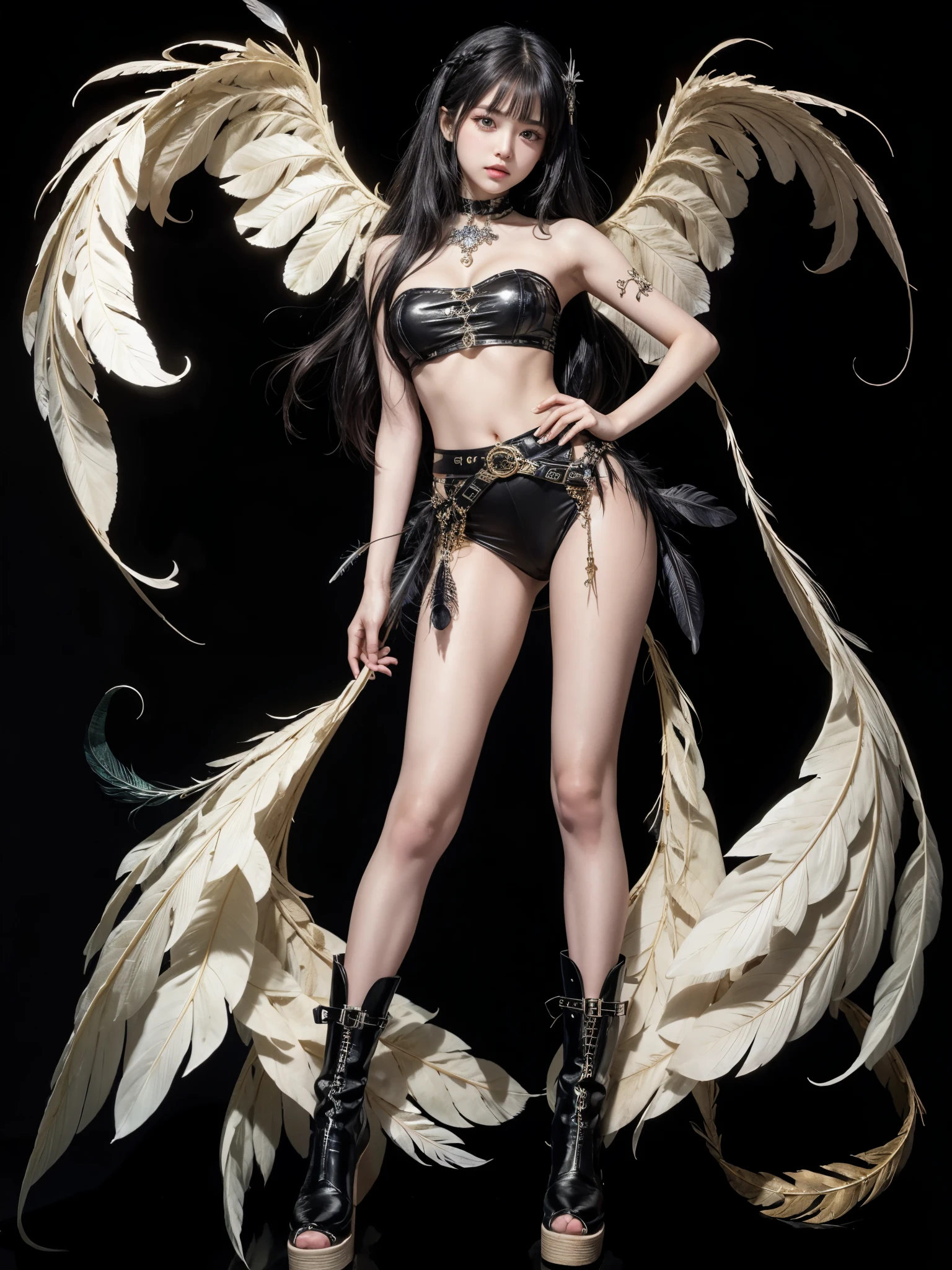 1girl, full body, (black theme), tube top, wide legs cullot, boots, (muscular:0.6), detailed face, looking at viewer, (wing embellishment, detailed feather), very long hair, middle-parted bangs, gigantic breasts,