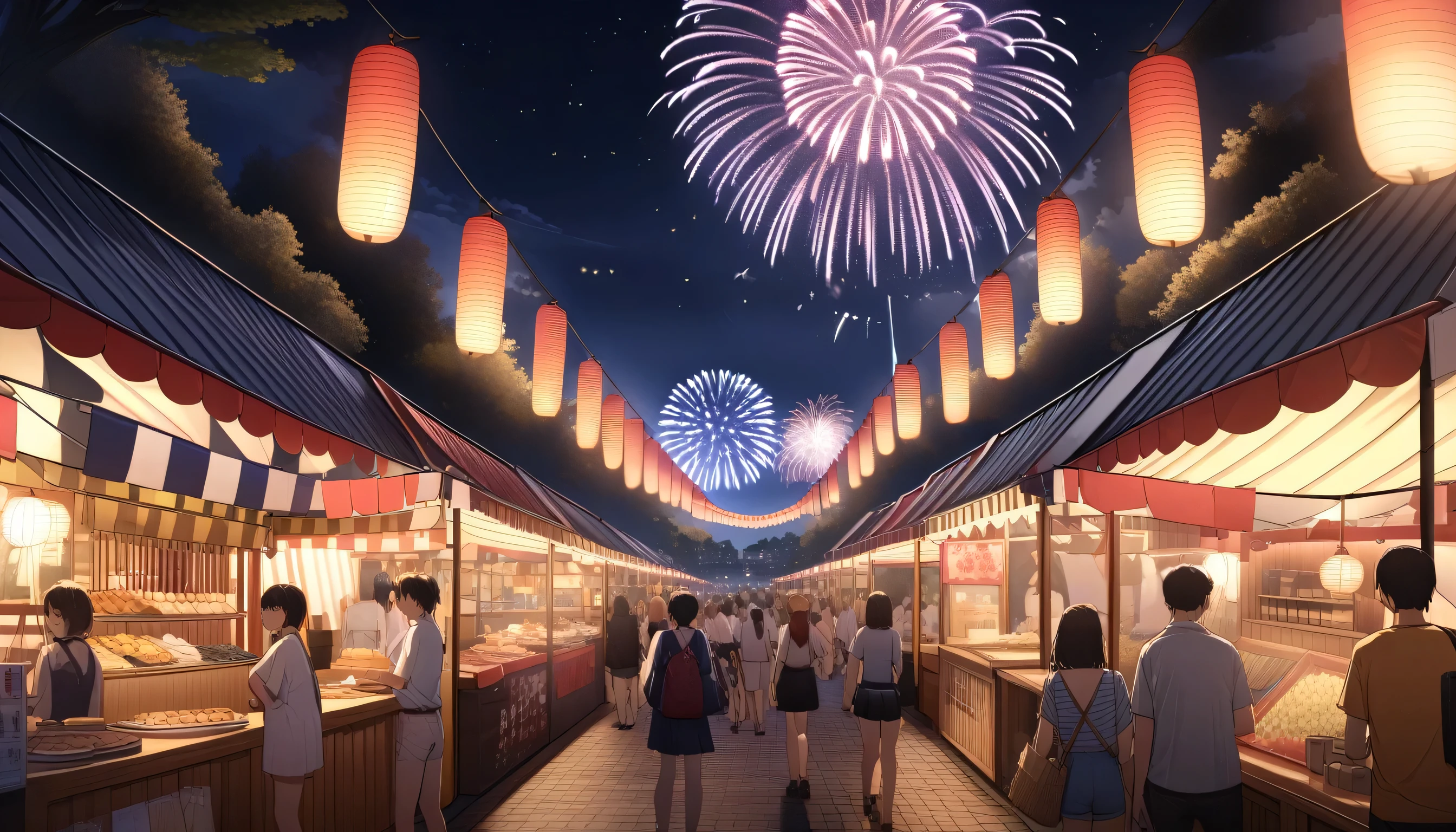 ultra-detailed, (professional lighting) hyper detailed, absurdres, 8k, night, summer, Japan festival stalls, I see fireworks,