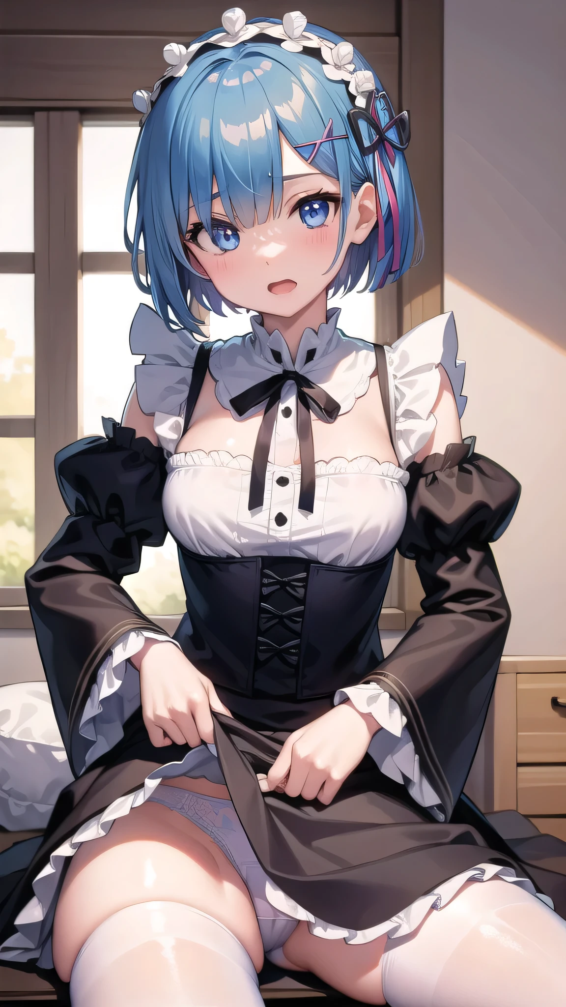 BREAK looking at viewer,BREAK (masterpiece:1.2), best quality, high resolution, unity 8k wallpaper, (illustration:0.8), (beautiful detailed eyes:1.6), extremely detailed face, perfect lighting, extremely detailed CG, (perfect hands, perfect anatomy),castle,tower,clouds,wet road,night,mist,rem, blue eyes, blue hair, hair ornament, hair over one eye, hair ribbon, short hair, x hair ornament
apron, black ribbon, black skirt, black sleeves, detached collar, detached sleeves, flower, frilled apron, frilled skirt, frills, head wreath, long sleeves, maid, miniskirt, neck ribbon, purple ribbon, ribbon, ribbon trim, ribbon-trimmed sleeves, roswaal mansion maid uniform, short hair, skirt, thighhighs, waist apron, white apron, white thighhighs,blue hair,upskirt,showing panties,lace panties,shy face,open mouth,sitting,spread legs,wide spread legs,from below,camel toe.