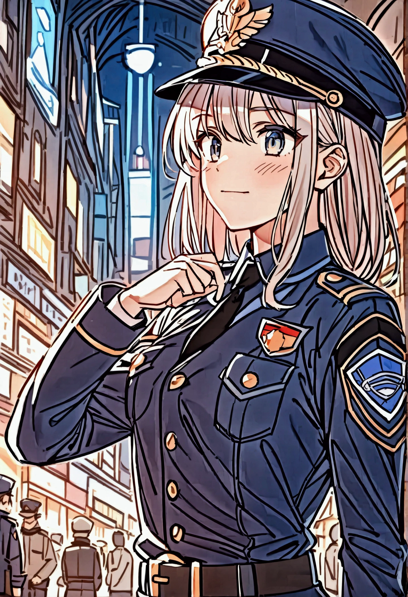 Uniform: A blue police uniform with chest pockets, patches, and badges. The buttons should be metallic and shiny.
Hat: A police cap with a shiny visor and a metallic badge on the front.
Emblems and Badges: The uniform should feature patches and badges indicating rank and division.
Equipment: The cat should be equipped with a radio attached to its shoulder and a belt with police gear such as handcuffs and a flashlight.
Facial Expression: The cat should have a serious and attentive expression, with large, expressive eyes.
Background: The background should be blurred, depicting a city street at night with city lights and movement, creating the atmosphere of a police officer working at night.
Lighting: The lighting should be soft and warm, highlighting the details of the uniform and the cat's face.
Image format: 9:16.