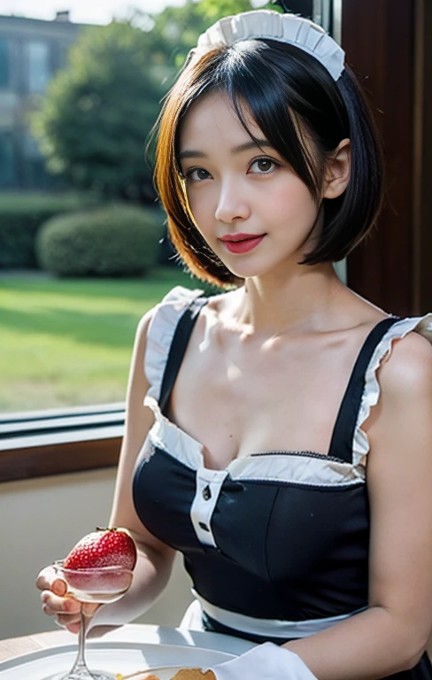 (A gorgeous lady, 28yo, in cafe shop, a waitress bringing a plate of peach to the table, beautiful detailed face, feminine feel, gentle face, friendly & kind smile, detailed eyes, beautiful detailed lips, extremely detailed eyes & face, long eyelashes, stylish bob haircut, healthy figure, modest bosom, Gothic Lolita semi-costume, maid costume, strawberry designs image, silky clothes that are mainly white, flesh-colored pantyhose, high-heels, SFW, Family-friendly, (best quality,4k,8k,highres,masterpiece:1.2),ultra-detailed,(realistic,photorealistic,photo-realistic:1.37),HDR,UHD,studio lighting,ultra-fine painting,sharp focus,physically-based rendering,extreme detail description,professional,vivid colors,bokeh,portraits,photography)