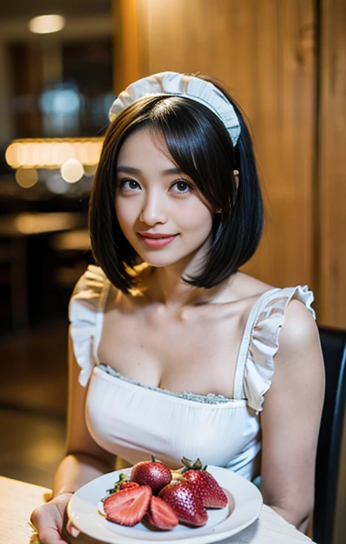 (A gorgeous lady, 28yo, in cafe shop, a waitress bringing a plate of peach to the table, beautiful detailed face, feminine feel, gentle face, friendly & kind smile, detailed eyes, beautiful detailed lips, extremely detailed eyes & face, long eyelashes, stylish bob haircut, healthy figure, modest bosom, Gothic ****ta semi-costume, maid costume, strawberry designs image, silky clothes that are mainly white, flesh-colored pantyhose, high-heels, SFW, Family-friendly, (best quality,4k,8k,highres,masterpiece:1.2),ultra-detailed,(realistic,photorealistic,photo-realistic:1.37),HDR,UHD,studio lighting,ultra-fine painting,sharp focus,physically-based rendering,extreme detail description,professional,vivid colors,bokeh,portraits,photography)