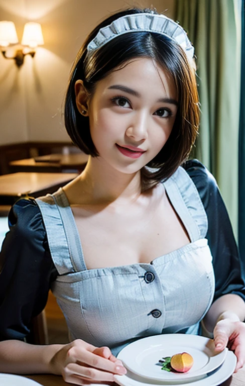 (A gorgeous lady, 28yo, in cafe shop, a waitress bringing a plate of peach to the table, beautiful detailed face, feminine feel, gentle face, friendly & kind smile, detailed eyes, beautiful detailed lips, extremely detailed eyes & face, long eyelashes, stylish bob haircut, healthy figure, modest bosom, Gothic ta semi-costume, maid costume, strawberry designs image, silky clothes that are mainly white, flesh-colored pantyhose, high-heels, SFW, Family-friendly, (best quality,4k,8k,highres,masterpiece:1.2),ultra-detailed,(realistic,photorealistic,photo-realistic:1.37),HDR,UHD,studio lighting,ultra-fine painting,sharp focus,physically-based rendering,extreme detail description,professional,vivid colors,bokeh,portraits,photography)