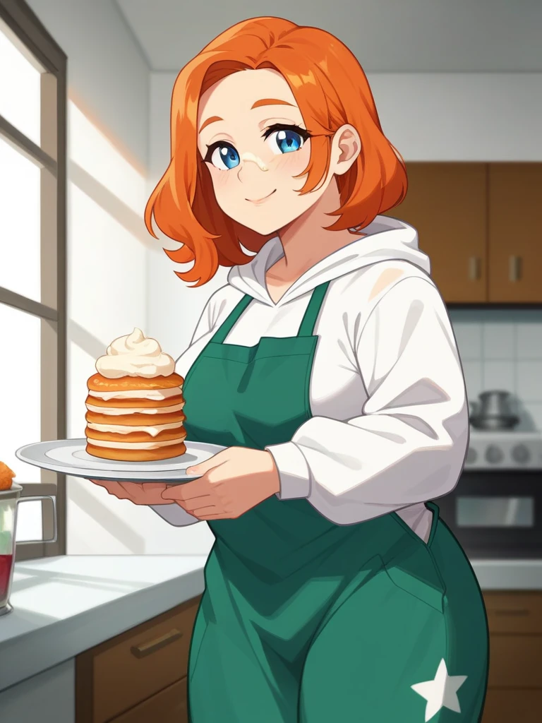 Adult, Female, Mature, Mid 20s, Long orange hair, messy orange hair, orange hair, blue eyes, d cup breasts, thick thighs, messy green apron, flour smudge on face, oversized hoodie, white hoodie, baggy hoodie, early morning, bedroom, standing, standing over viewer, holding plate of american breakfast in one hand, american breakfast, holding a glass of water in one hand, Masterpiece, Accurate, Anatomically Correct, Best Quality, High Details, Detail, Super Detailed, Best detail, Perfect detail, Amazing detail, [-3, 3], perfect eyes, perfect irises, best eyes, best irises, Close-Up, headshot