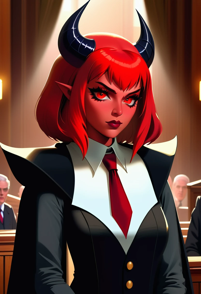 a picture of a female devil wearing barrister's wig and cloak in courtroom, a devilishly beautiful devil, ((full body shot: 1.5)), ((anatomically correct: 1.5), (ultra detailed face: 1.2), best detailed face, (red skin: 1.3), two black horns, wearing white button shirt, red tie, English barrister's wig, courtroom background, vibrant, Hyperrealism style, vibrant, Ultra-high resolution, High Contrast, (masterpiece:1.5), highest quality, Best aesthetics), best details, best quality, highres, ultra wide angle, 16k, [ultra detailed], masterpiece, best quality, (extremely detailed) RAW, photograph, Hyperrealism style, demonmawAI
