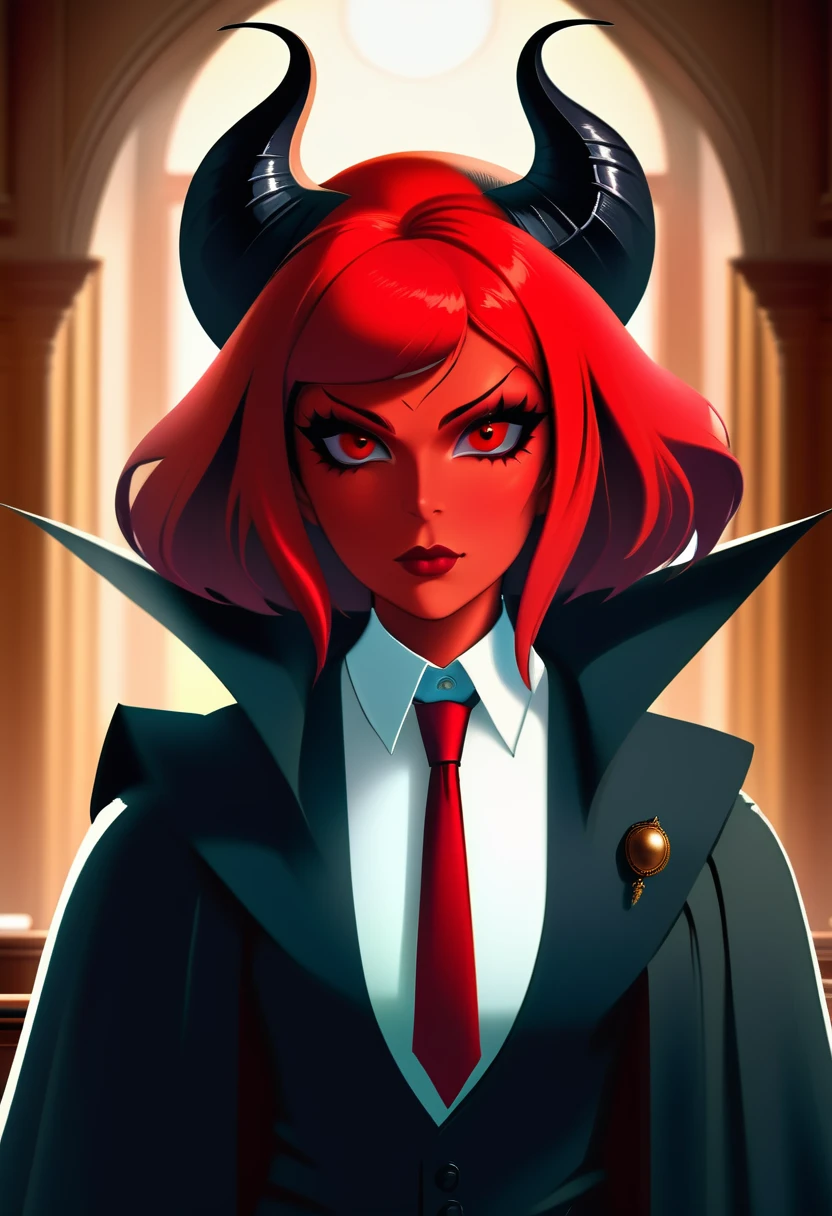 a picture of a female devil wearing barrister's wig and cloak in courtroom, a devilishly beautiful devil, ((anatomically correct: 1.5), (ultra detailed face: 1.2), best detailed face, (red skin: 1.3), two black horns, wearing white button shirt, red tie, English barrister's wig, courtroom background, vibrant, Hyperrealism style, vibrant, Ultra-high resolution, High Contrast, (masterpiece:1.5), highest quality, Best aesthetics), best details, best quality, highres, ultra wide angle, 16k, [ultra detailed], masterpiece, best quality, (extremely detailed) RAW, photograph, Hyperrealism style, demonmawAI