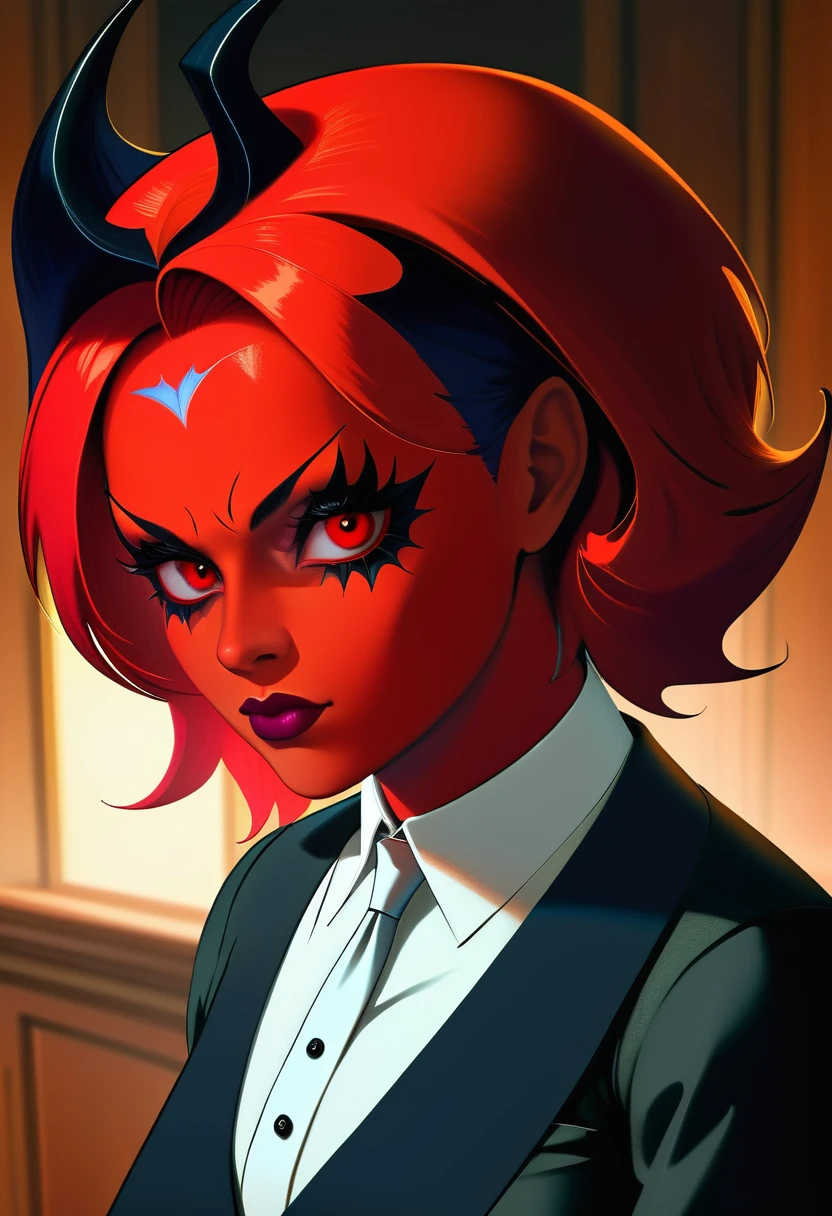 a picture of a female devil wearing barrister's wig and cloak in courtroom, a devilishly beautiful devil, ((anatomically correct: 1.5), (ultra detailed face: 1.2), best detailed face, (red skin: 1.3), two black horns, wearing white button shirt, red tie, English barrister's wig, courtroom background, vibrant, Hyperrealism style, vibrant, Ultra-high resolution, High Contrast, (masterpiece:1.5), highest quality, Best aesthetics), best details, best quality, highres, ultra wide angle, 16k, [ultra detailed], masterpiece, best quality, (extremely detailed) RAW, photograph, Hyperrealism style, demonmawAI