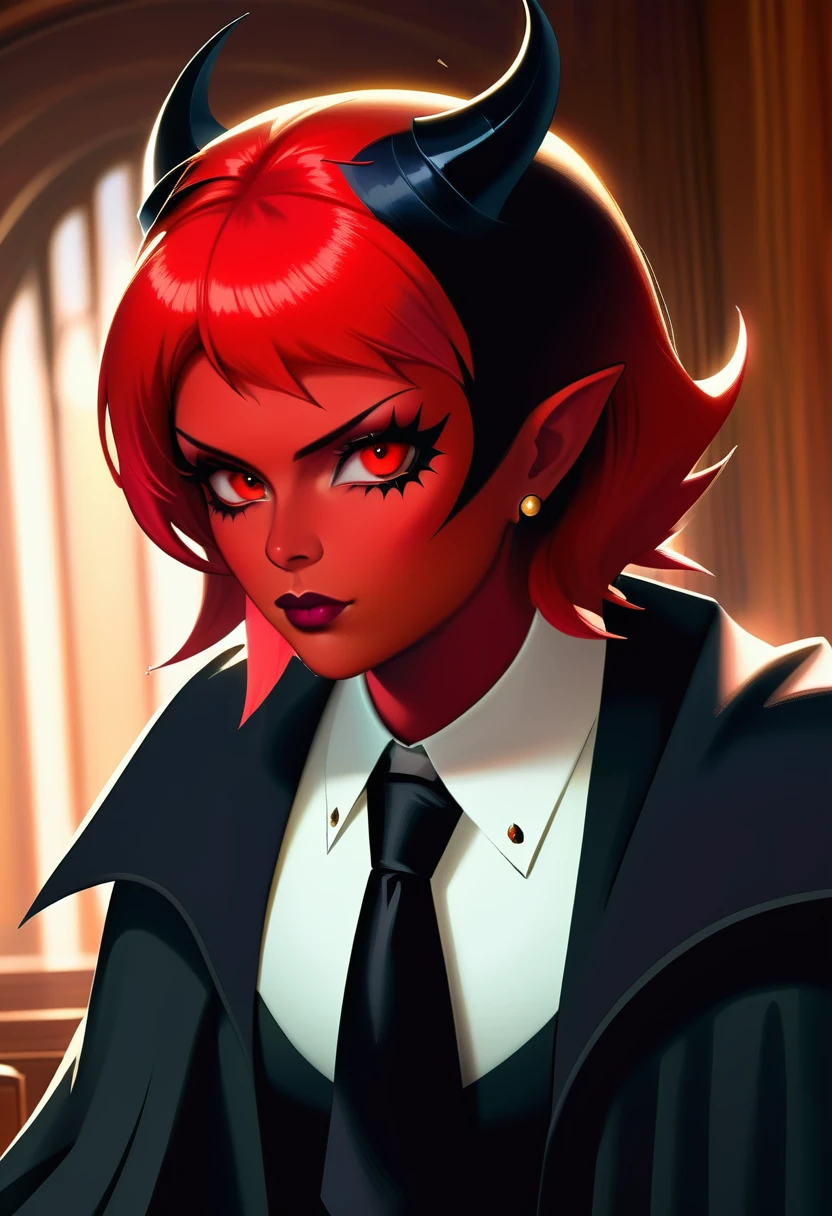 a picture of a female devil wearing barrister's wig and cloak in courtroom, a devilishly beautiful devil, ((anatomically correct: 1.5), (ultra detailed face: 1.2), best detailed face, (red skin: 1.3), two black horns, wearing white button shirt, red tie, English barrister's wig, courtroom background, vibrant, Hyperrealism style, vibrant, Ultra-high resolution, High Contrast, (masterpiece:1.5), highest quality, Best aesthetics), best details, best quality, highres, ultra wide angle, 16k, [ultra detailed], masterpiece, best quality, (extremely detailed) RAW, photograph, Hyperrealism style, demonmawAI