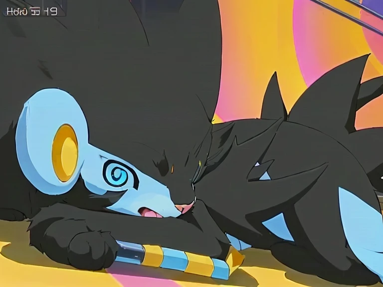 there is a black cat laying on the ground with a yellow and blue object, zorua pokemon, sirius a and sirius b, shadow, shiny!!, i slept in segments last night, hypdertailed, awww, anime style”, safebooru anime image, gelbooru anime image, anime movie screenshot, lucario, nighttime!!, anime screenshot, hot