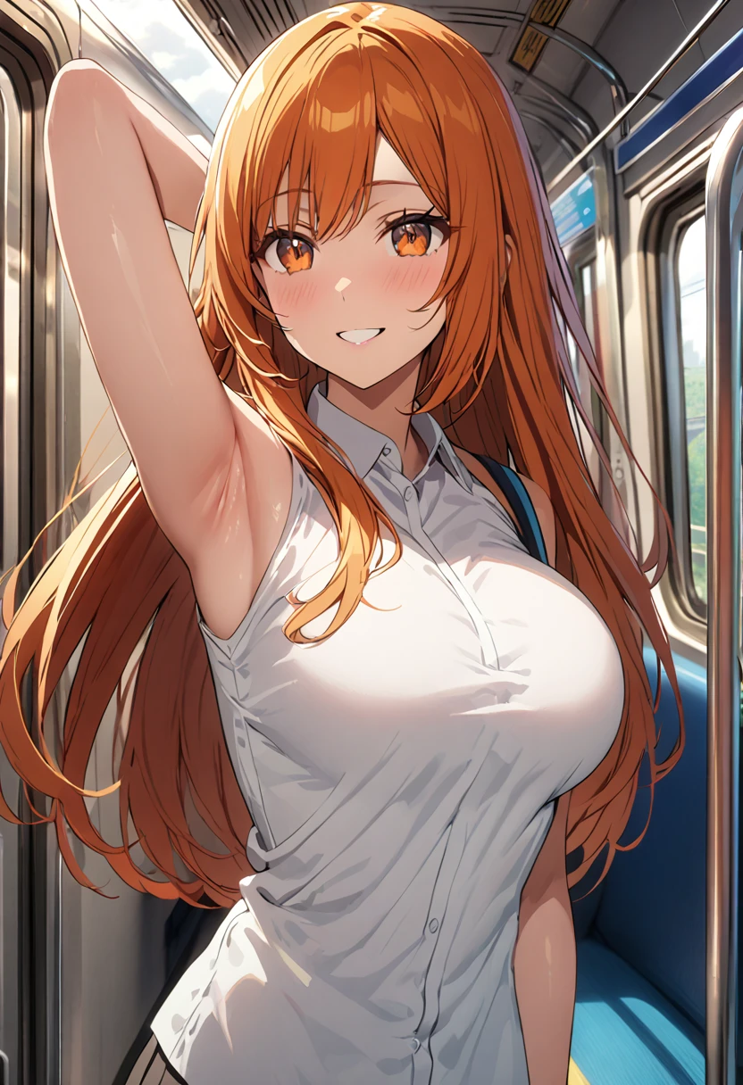 1 woman, solo, tall woman, long orange hair, straight hair ,orange eyes, (Full Breasts), High Height,masterpiece, high resolution, shiny, full body, beautiful,A cute smile that makes the viewer happy, highly detailed beautiful face and eyes,looking at viewer, holding on to the railing of the train,armpits, presenting armpit,(looking away:1.4), (train interior:1.3),(crowded train:1.3), upper body, (white shirts:1.5),