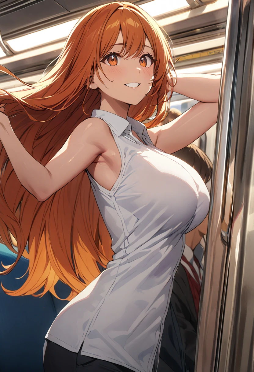 1 woman, solo, tall woman, long orange hair, straight hair ,orange eyes, (Full Breasts), High Height,masterpiece, high resolution, shiny, full body, beautiful,A cute smile that makes the viewer happy, highly detailed beautiful face and eyes,looking at viewer, holding on to the railing of the train,armpits, presenting armpit,(looking away:1.4), (train interior:1.3),(crowded train:1.3), upper body, (white shirts:1.5),