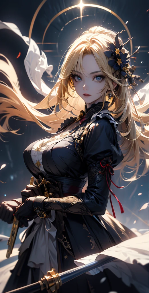 masterpiece, high quality, 4K, Beautiful design, silhouette,blonde, 非常に詳細な夜のStarry Sky,Flower Field, wonderful, Finer details, Very knowledgeable woman, Highly detailed solo, 1 female,Big Breasts,Red Gothic Lolita Fashion,2Hold the gun in front of your chest.,Night view,Starry Sky,full moon,
