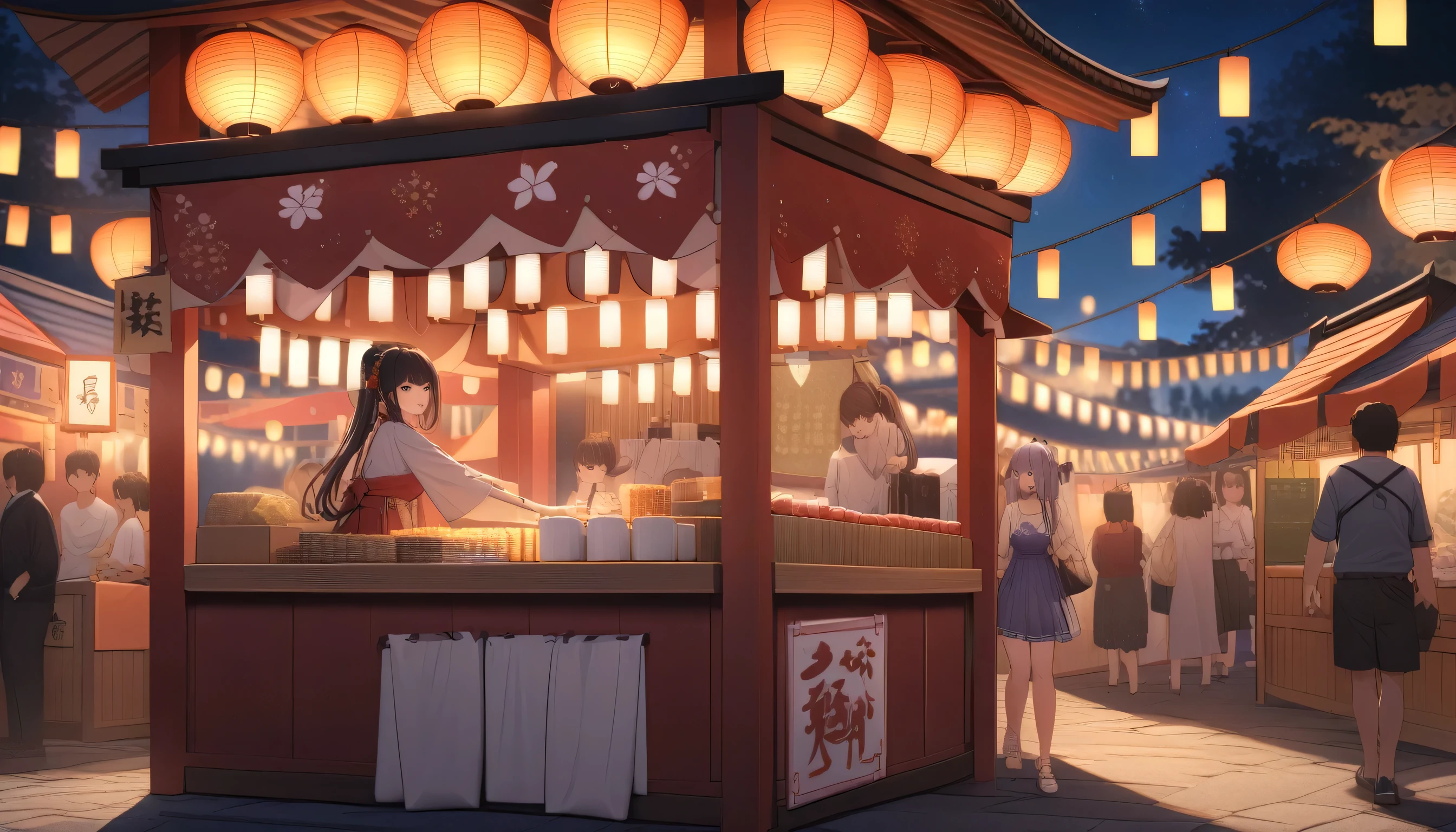 ultra-detailed, (professional lighting) hyper detailed, absurdres, 8k, night, summer, Shrine festival stalls, I see colorful fireworks,