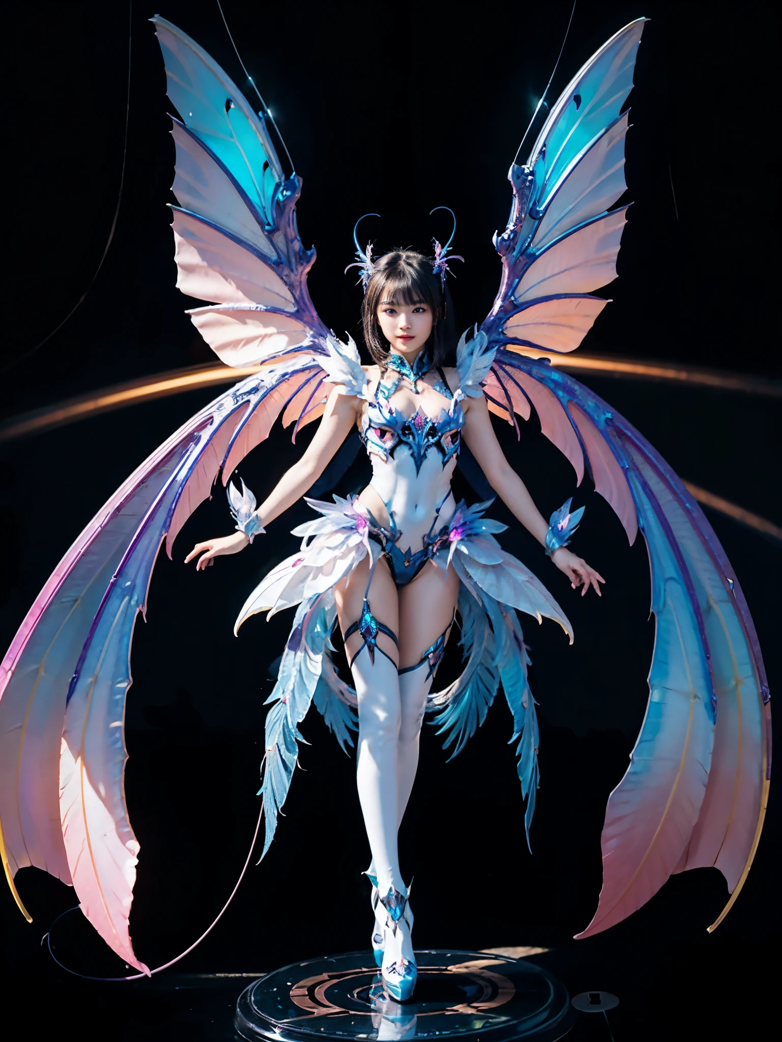 1girl, Armor, Wings, beautiful dragon, futuristic evolved Nekomata, (Neon glowing body), 2 tails, holographic, (The wings are symmetrically paired;1.5), Tricolor color body

