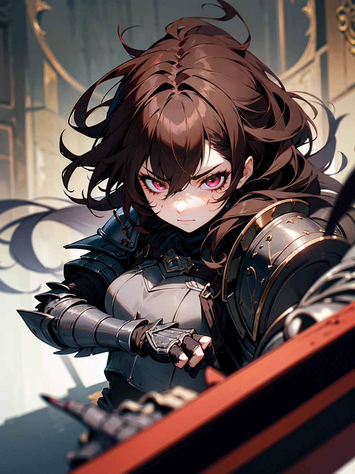 1female, brown hair, messy hair, stitches on arm, stitches on face, black sclera, black gauntlets, armor, evil expression, armored hall