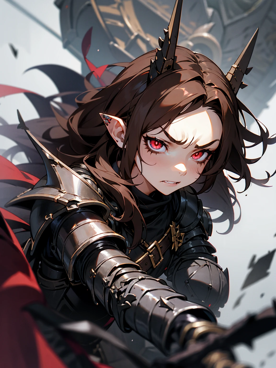 1female, brown hair, messy hair, stitches on arm, stitches on face, black sclera, black gauntlets, armor, evil expression, armored hall