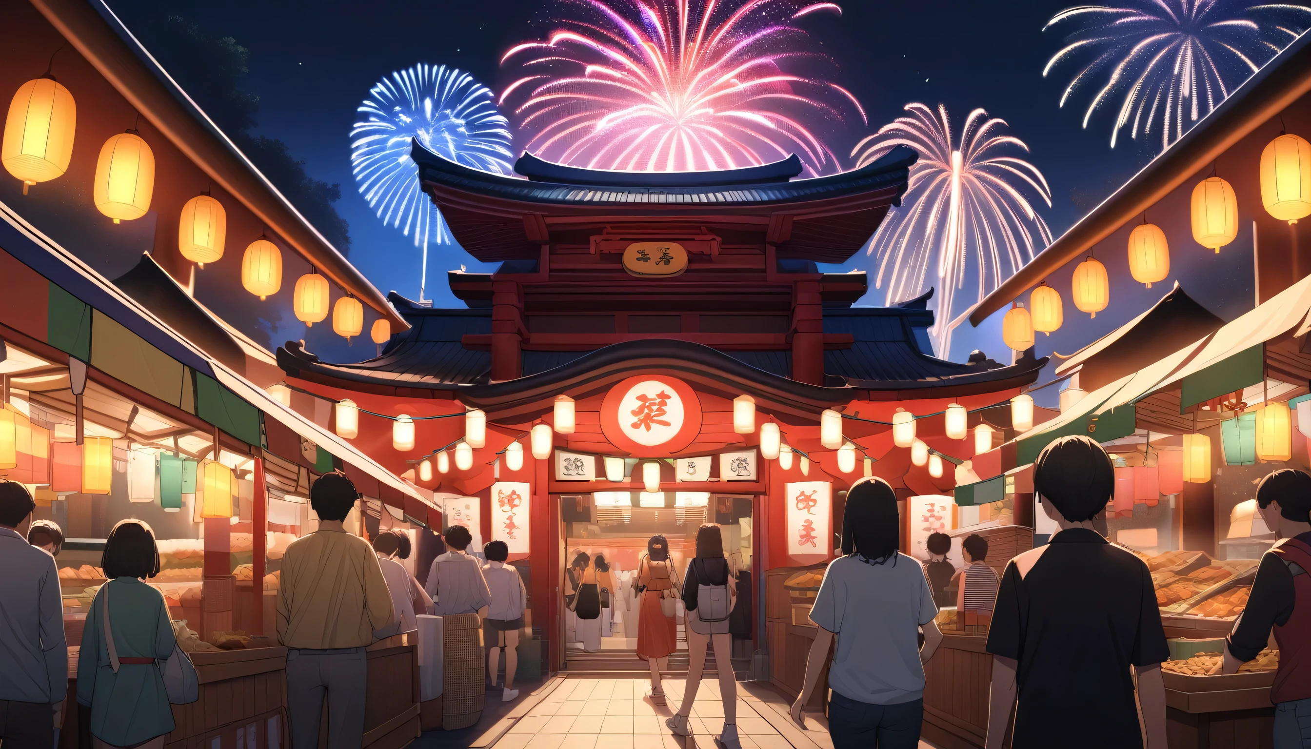 ultra-detailed, (professional lighting) hyper detailed, absurdres, 8k, night, summer, Approach to the shrine,Festival food stalls, I see colorful fireworks,