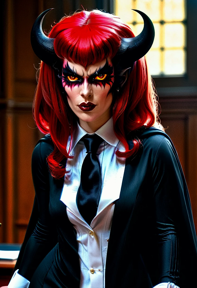 a picture of a female devil wearing barrister's wig and cloak in courtroom, a devilishly beautiful devil, ((anatomically correct: 1.5), (ultra detailed face: 1.2), best detailed face, (red skin: 1.3), two black horns, wearing white button shirt, red tie, English barrister's wig, vibrant, Hyperrealism style, vibrant, Ultra-high resolution, High Contrast, (masterpiece:1.5), highest quality, Best aesthetics), best details, best quality, highres, ultra wide angle, 16k, [ultra detailed], masterpiece, best quality, (extremely detailed) RAW,  photograph, Hyperrealism style, demonmawAI