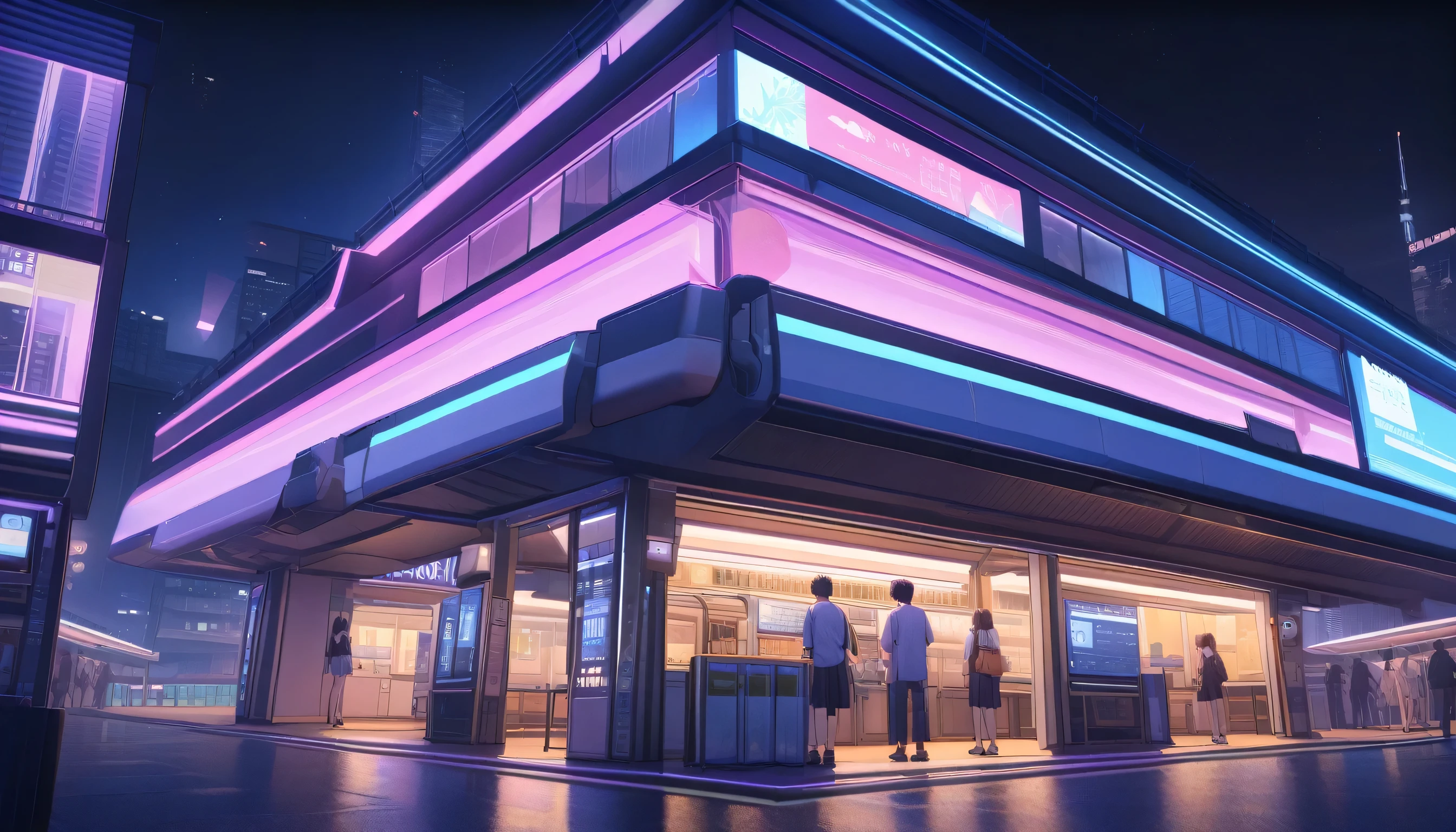 ultra-detailed, (professional lighting) hyper detailed, absurdres, 8k, night, summer, In front of the station,Square