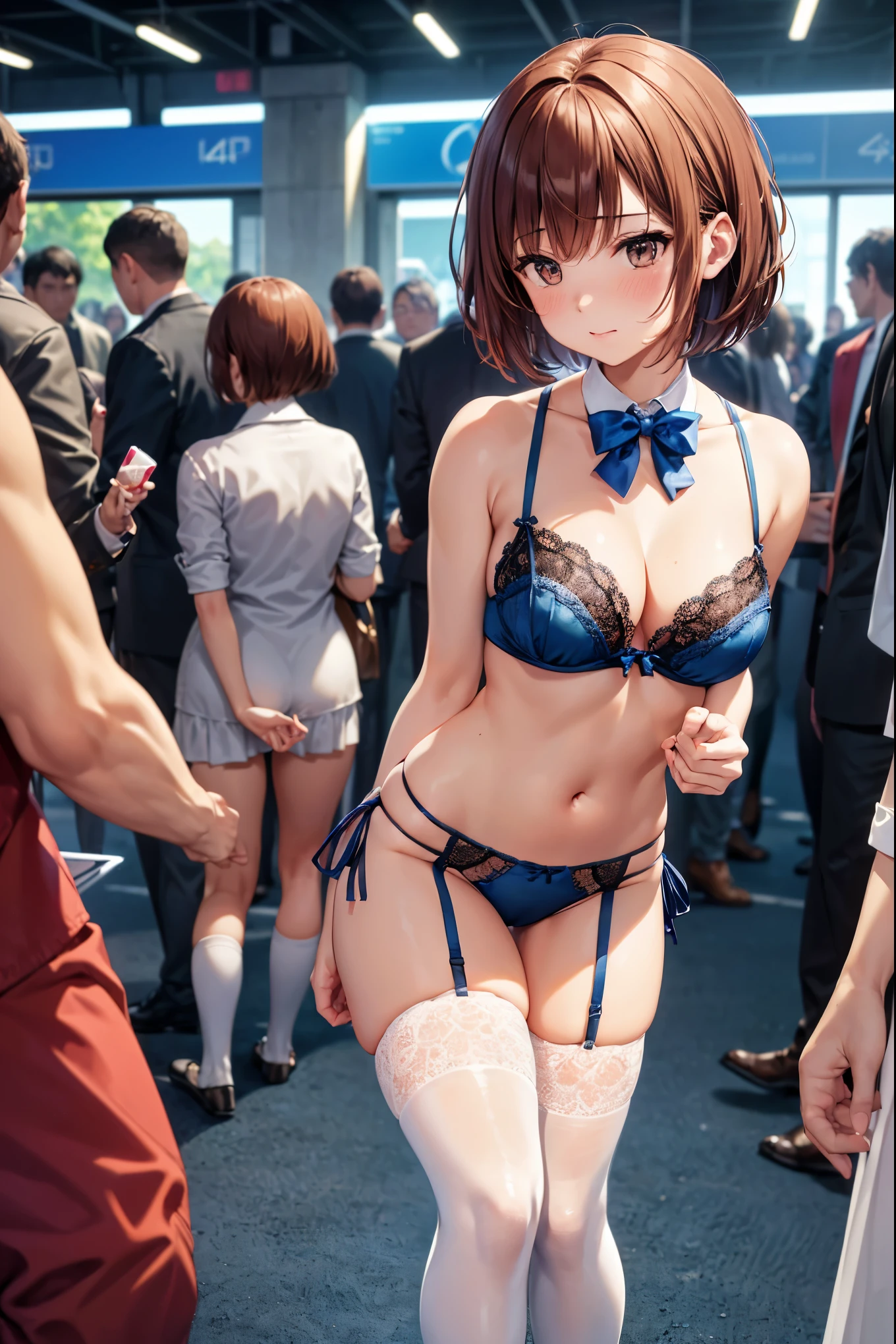 (((masterpiece, Highest quality, High resolution, 超High resolution, Perfect Pixel, Depth of written boundary, 4K, RTTX 10.0))), Beautiful Anime Woman, Beautiful art style, Anime characters, ((Smooth texture, Realistic texture, Anime CG Style)), Perfect and accurate finger count、Exact number of legs、(Exact number of arms:1.0, Exact number of hands:1.0), (Perfect hands, Perfect Anatomy), Cinematic, Realistic, Extremely detailed CG, Daytime lighting, Perfect lighting, Best Shadow, The best natural light, whole body, Perfect body, バランのとれたPerfect body, Perfectly balanced style, Slender body, ((bangs, Reddish brown hair, Bobcut)), ((A cute adult woman is carrying a drink in her hands:1.8)), ((Bow tie around neck:1.3), (Sexy and cute blue underwear:1.3), (Stylish shiny blue satin panties, Side-tie panties, Panties with plain blue center and lace decoration on the sides:1.3), (Thin panties:1.3), (Blue micro lace satin bra, Blue bra with lace trim around the edges, Thin bra:1.3), (lace garter belt, Garter Strings, Knee socks:1.3):1.3), (Beautiful big , Cleavage:1.1), (Embarrassed expression:1.7), blush, (Adult Events, Makuhari Messe, Many visitors in the background, A crowded venue, Many men surrounding a woman, The attention of the men around her:1.7), naked, In underwear, パンティとブラとガーターベルトとKnee socksだけ, Angle from the front